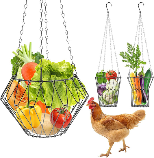 Hanging Chicken Feeder, Foldable Chicken Vegetable Fruits Feeder, Poultry Feeding Holder Basket with Hanging Chain, Veggie Treat Ball for Chicken Coop Accessories (1 Pack)