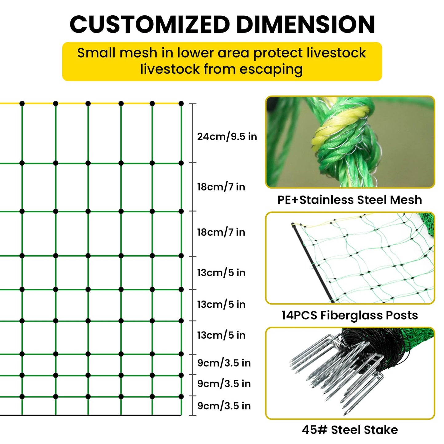 Electric Fence Netting, 49.6" H X 164'L Electric Anti-Predator Poultry Fence, PE Net Fencing Kit with 14 Posts Double Spiked, Movable Livestock Nets for Sheep, Hogs, Cattle and Other Big Poultry