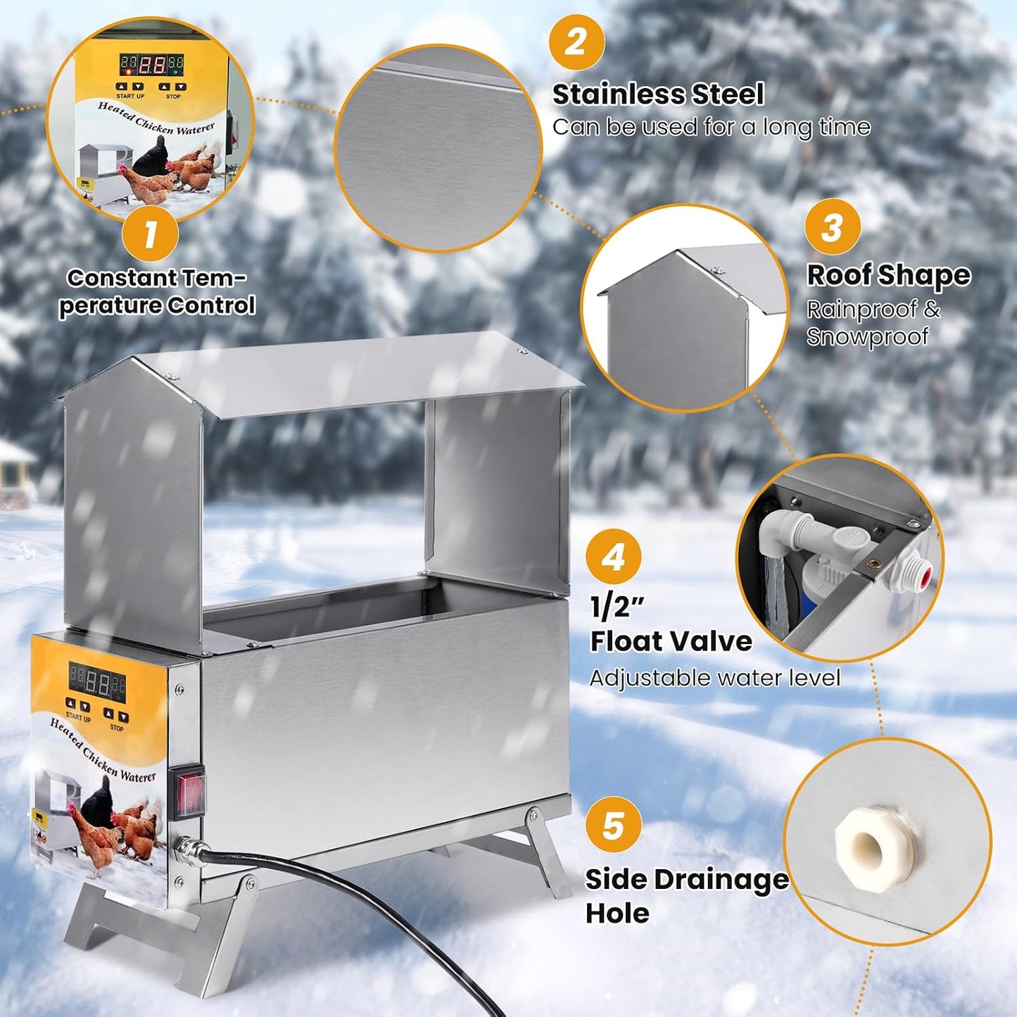 1.5 Gallon Heated Chicken Waterer Freeze Proof for Winter | Automatic Chicken Water Heater Poultry Drinker Watering System, with Control Panel, Adjustable Leg, Thermostatic Control