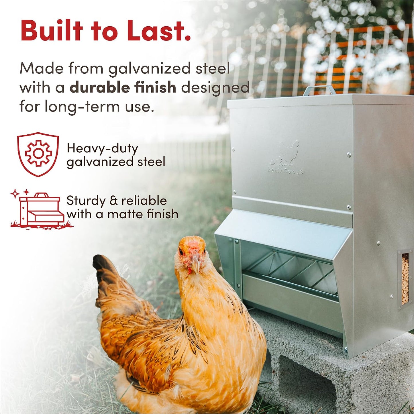 25Lb Gravity-Fed Metal Trough Feeder with Lid & Rain Cover