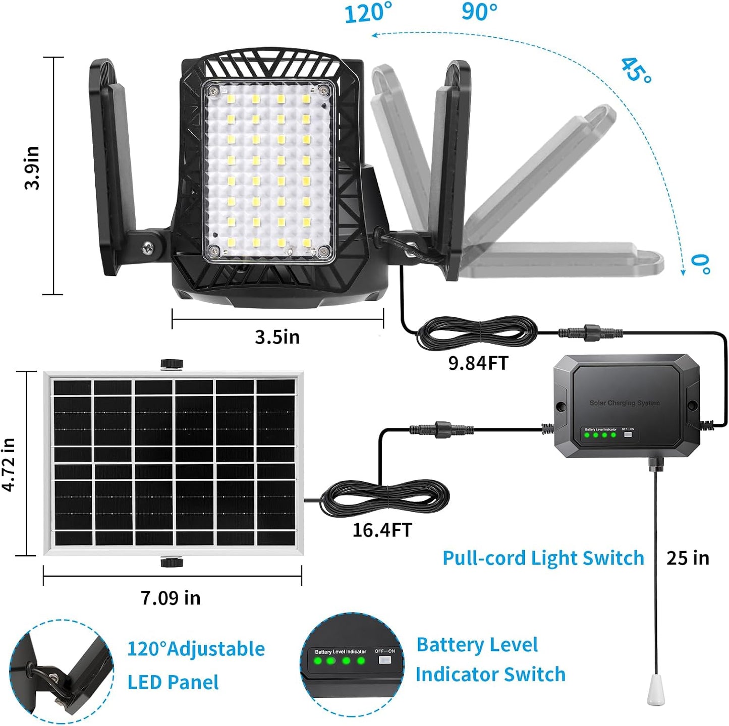 Solar Shed Lights Indoor Outdoor with Pull String, 2000LM Available All Day Solar Pendant Light, High/Low Brightness Switch Solar Lights Indoor, IP65 Waterproof for Gazebo, Shop, Garage
