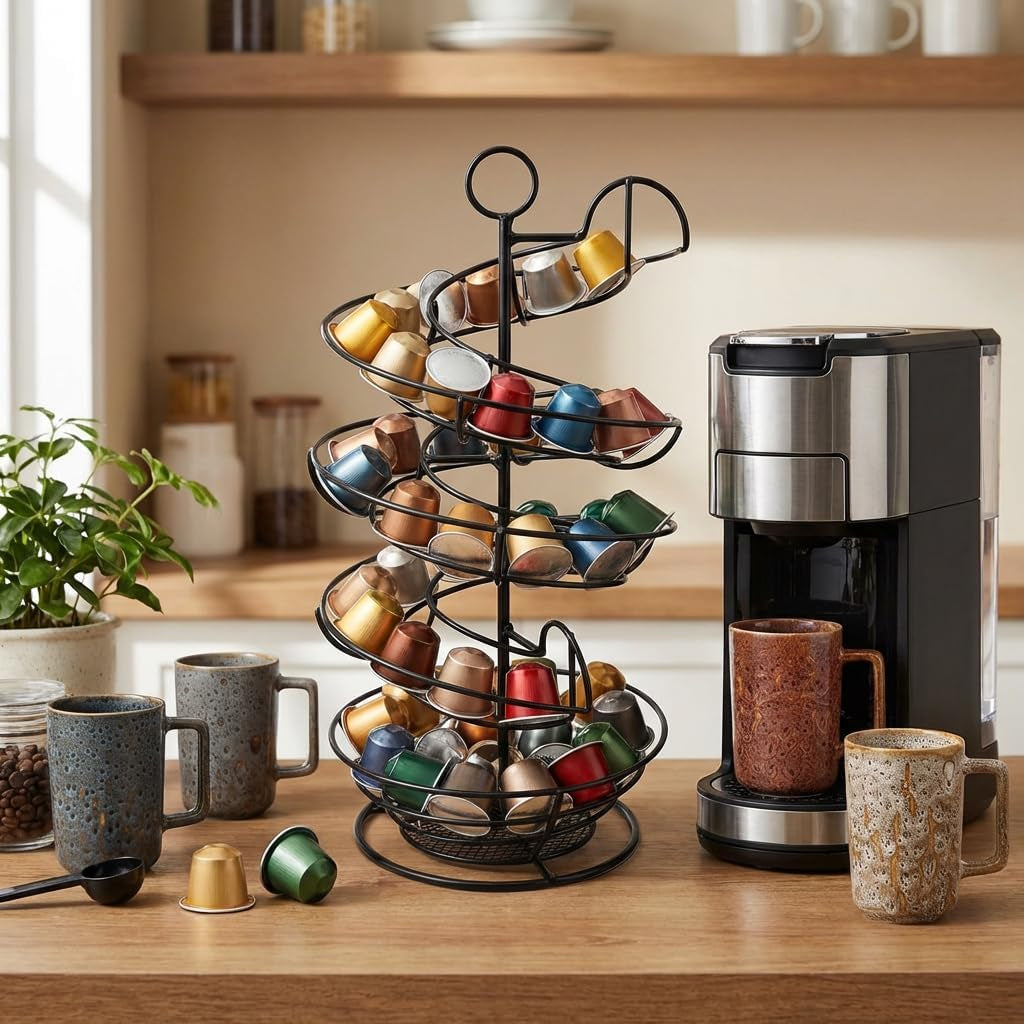 Black Metal Egg Skelter with Storage Basket, Spiral Design Egg Holder for Large Egg for Countertop, Kitchen