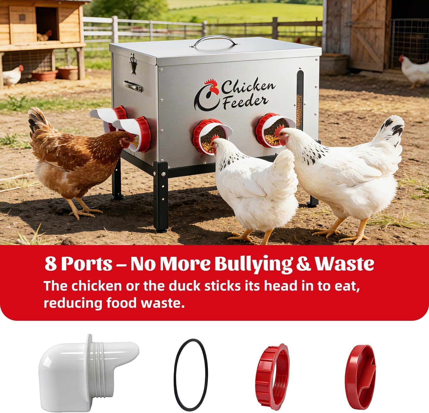 80LB Metal Chicken Feeder, Rat Proof Automatic Chicken Feeder with Visible Window & 8 Ports, Galvanized No Waste Poultry Feeder for Chickens, Ducks, Geese