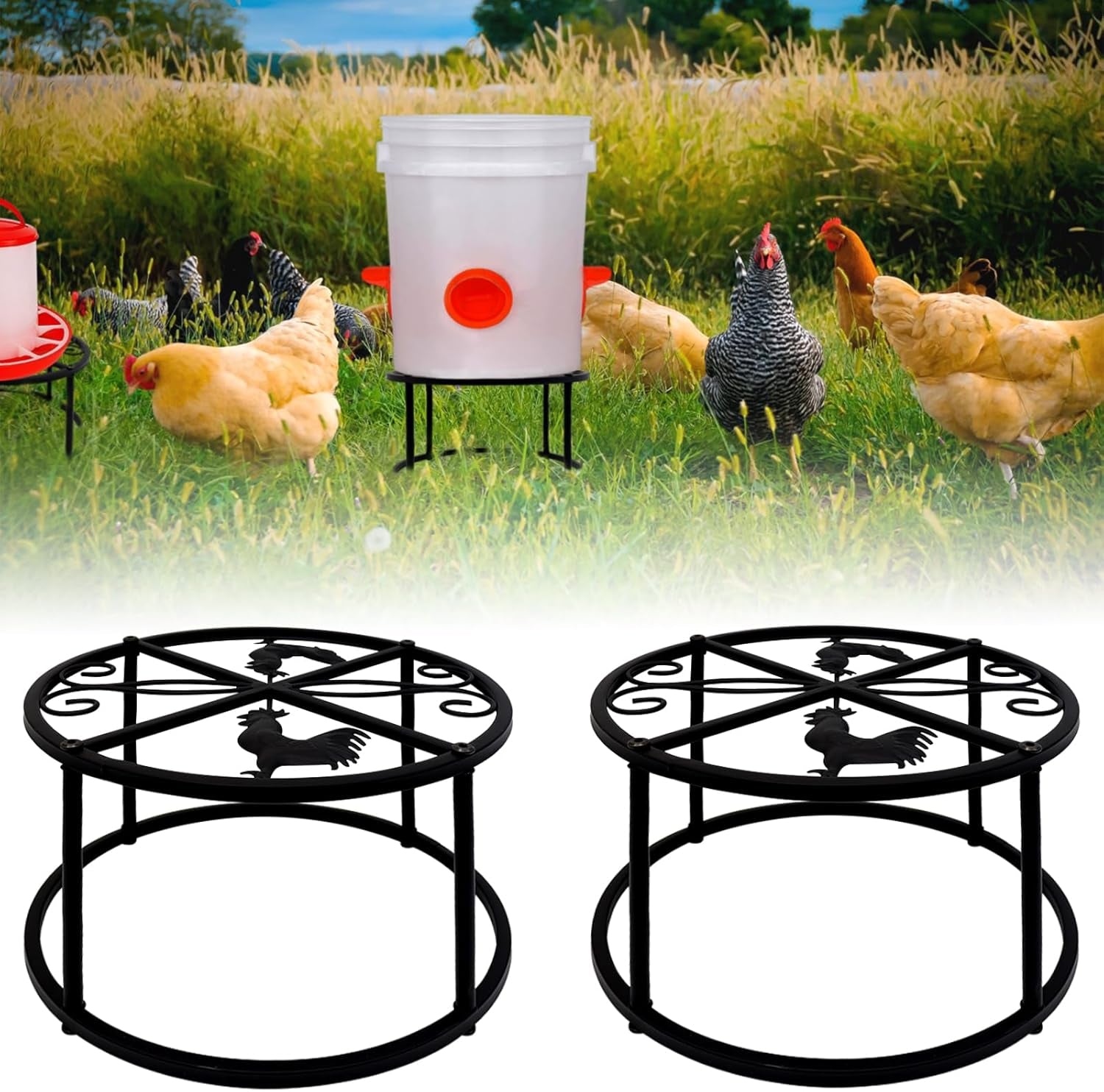 2Pcs Metal Stand for Chicken Feeder Waterer Heavy Duty Chicken Water Feeder Stand Holder with 4 Legs Rustproof Iron Chicken Waterer Buckets Stand round Support Rack for Coop Poultry Indoor Outdoor