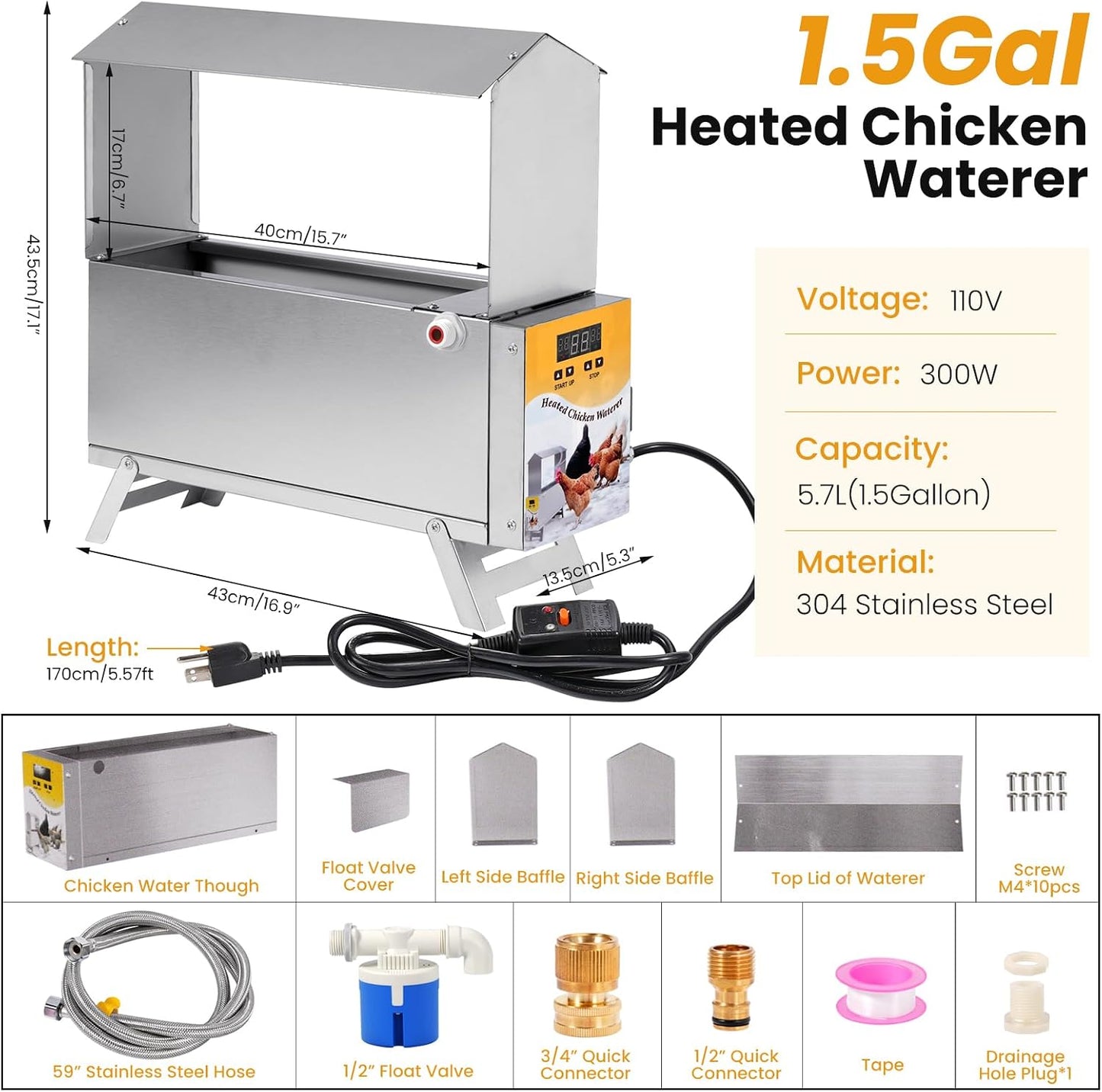 1.5 Gallon Heated Chicken Waterer Freeze Proof for Winter | Automatic Chicken Water Heater Poultry Drinker Watering System, with Control Panel, Adjustable Leg, Thermostatic Control