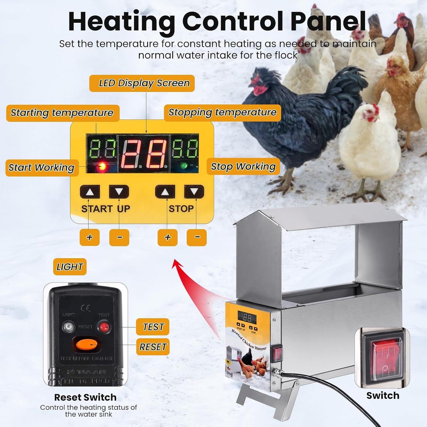 1.5 Gallon Heated Chicken Waterer Freeze Proof for Winter | Automatic Chicken Water Heater Poultry Drinker Watering System, with Control Panel, Adjustable Leg, Thermostatic Control