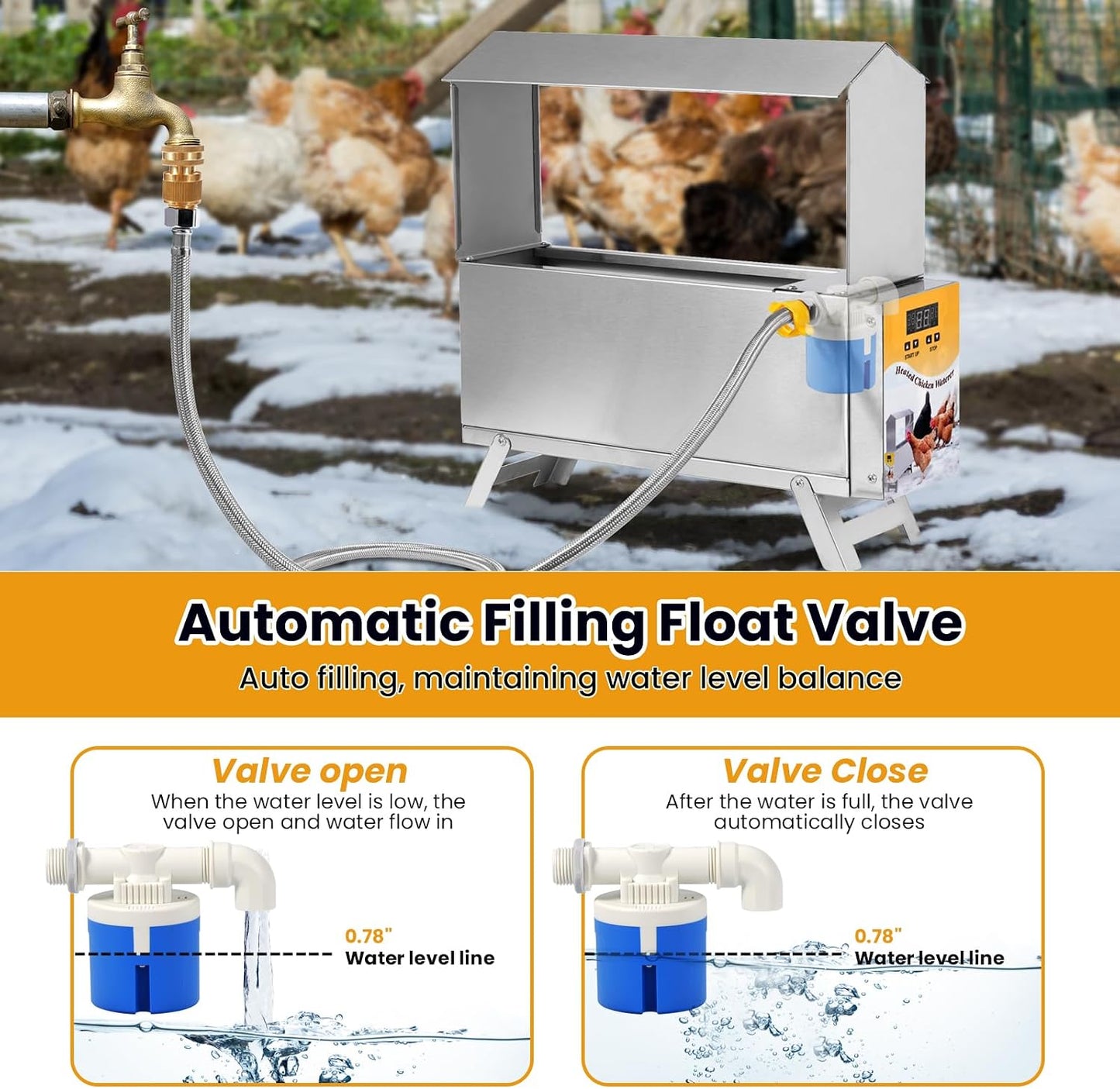1.5 Gallon Heated Chicken Waterer Freeze Proof for Winter | Automatic Chicken Water Heater Poultry Drinker Watering System, with Control Panel, Adjustable Leg, Thermostatic Control