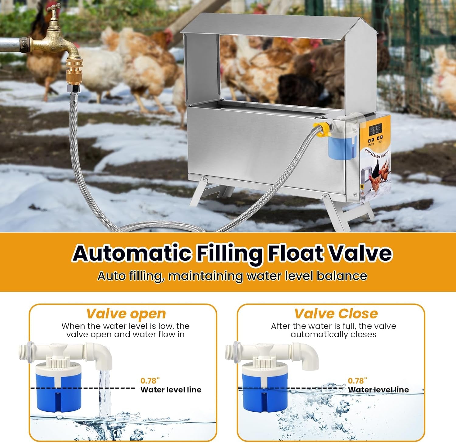 1.5 Gallon Heated Chicken Waterer Freeze Proof for Winter | Automatic Chicken Water Heater Poultry Drinker Watering System, with Control Panel, Adjustable Leg, Thermostatic Control