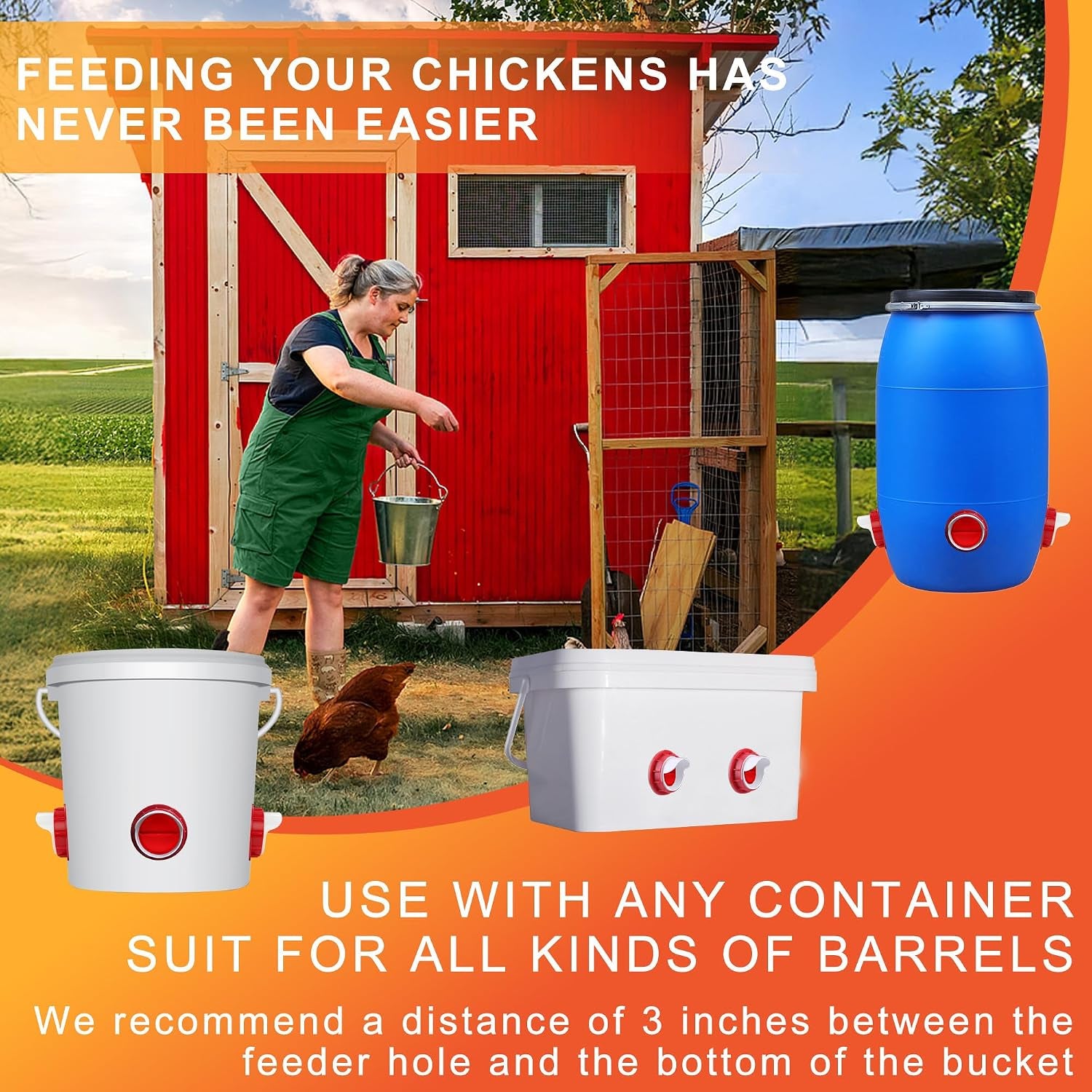 Chicken Feeders No Waste, DIY Automatic Poultry Feeder - 4 Ports Red | Buckets Barrels Bins Troughs‑Mountable Design for Common Breeds of Chicken with Hole Saw