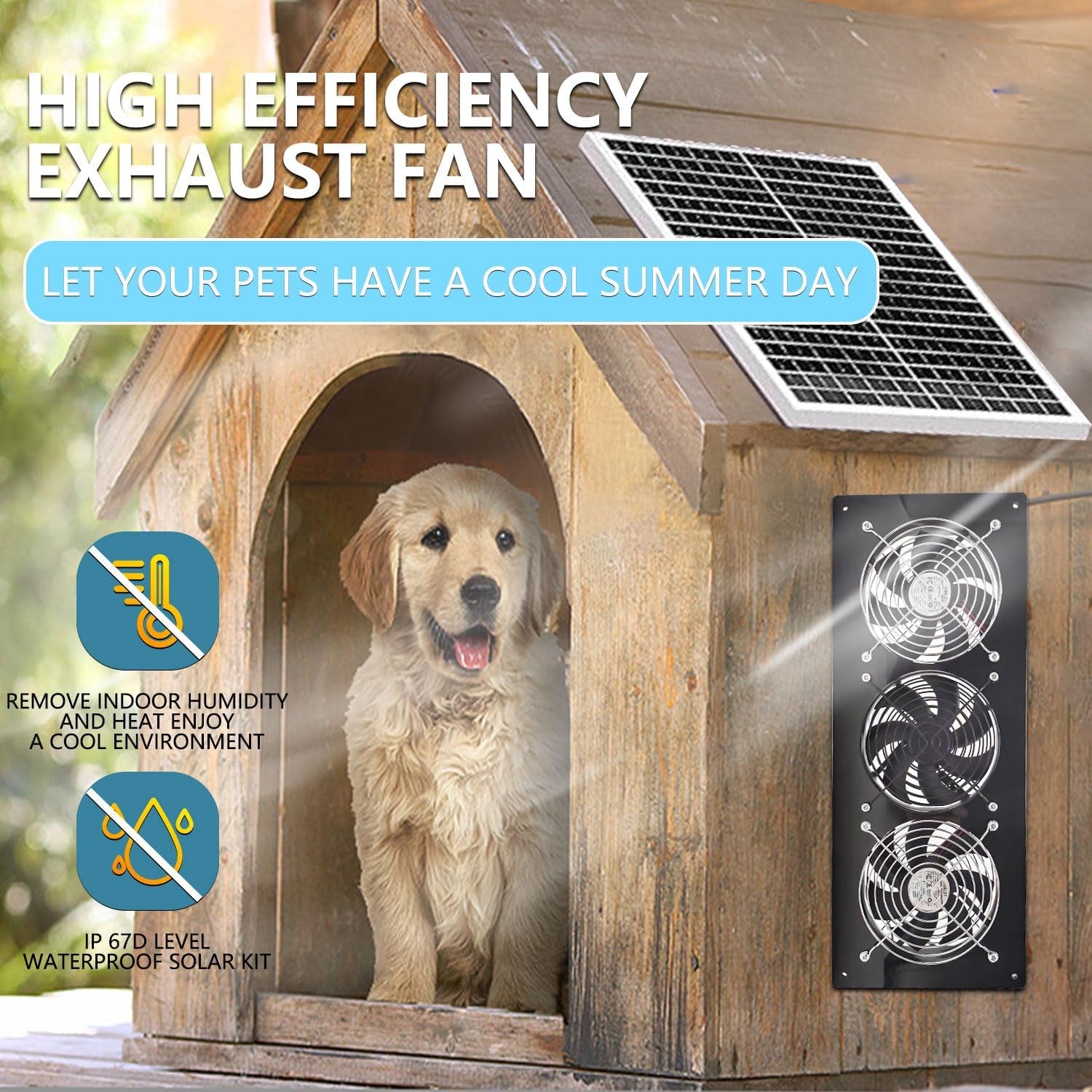 Solar Exhaust Fan,Solar Panel with 3 Ventilation Fans Kit,Solar Powered Fan for Shed,Chicken Coop,Attic & Greenhouse Intake or Exhaust Air,3500Rpm, 15FT Cord,Ip67 Waterproof