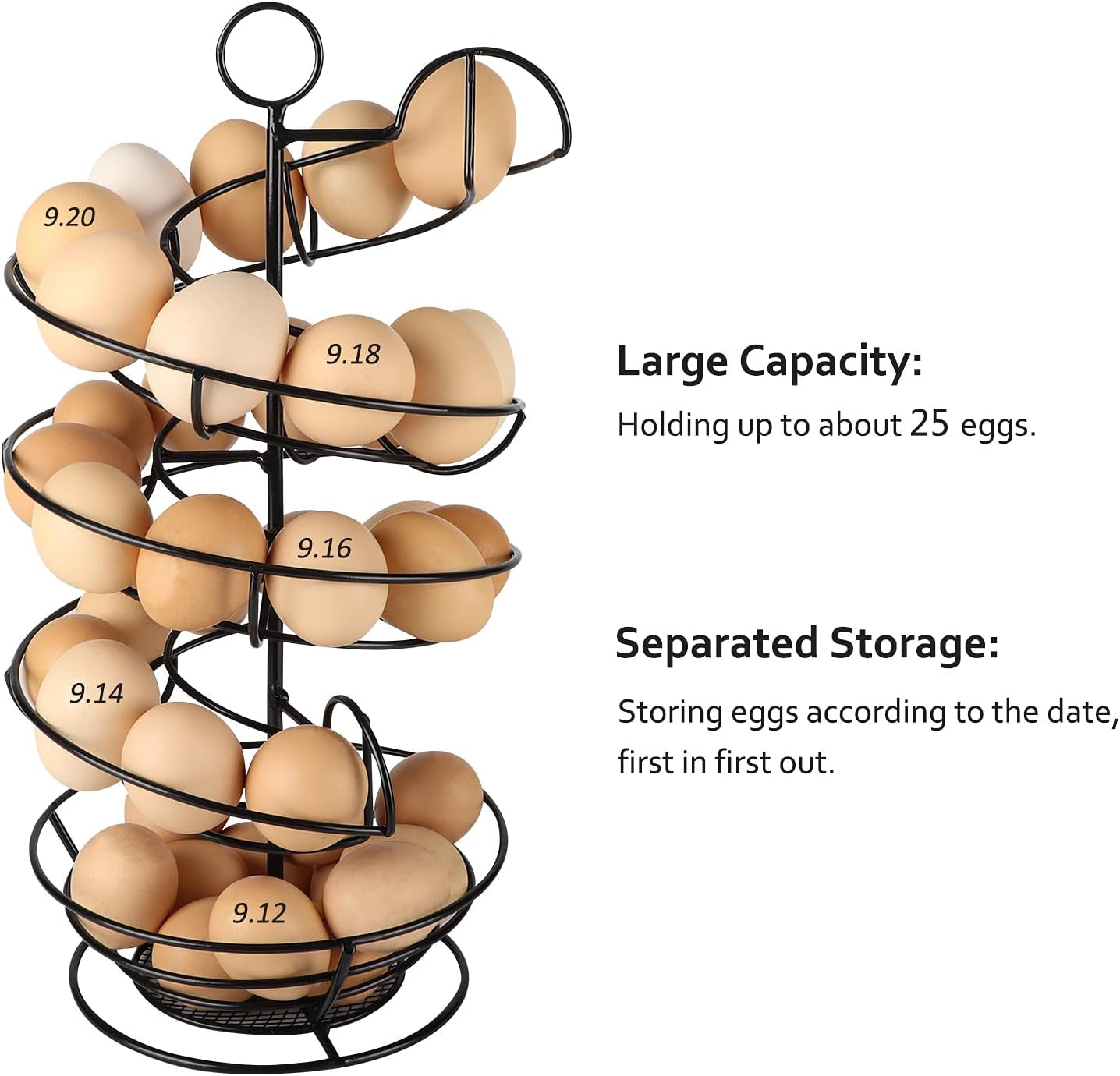 Black Metal Egg Skelter with Storage Basket, Spiral Design Egg Holder for Large Egg for Countertop, Kitchen