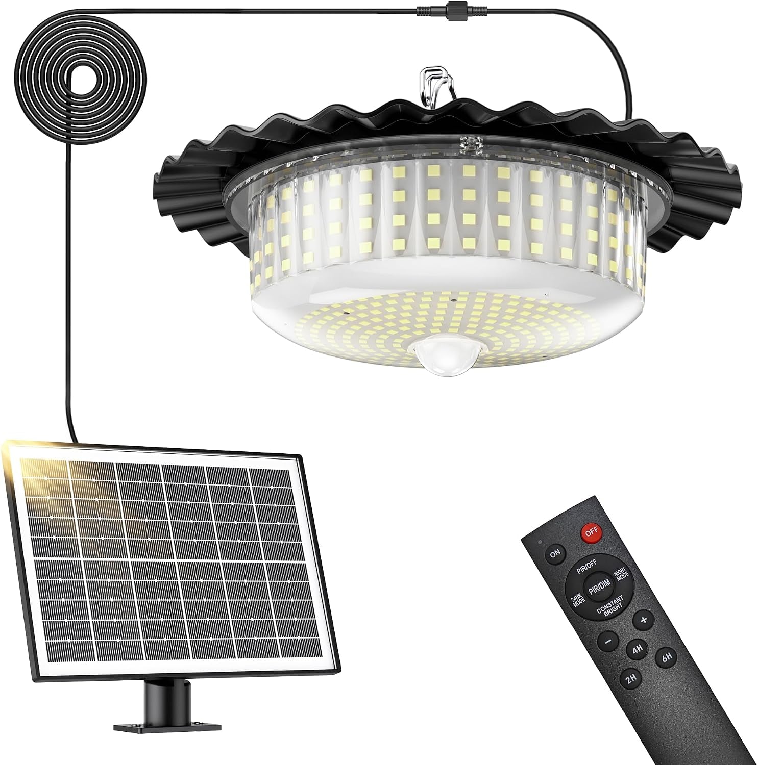Solar Shed Light Indoor Outdoor, 396LED 360° Lighting Waterproof Solar Powered Pendant Light with Motion Sensor, 5 Modes, Remote & Timer, for Home Shed Chicken Coop Barn Shop Gazebo Garage