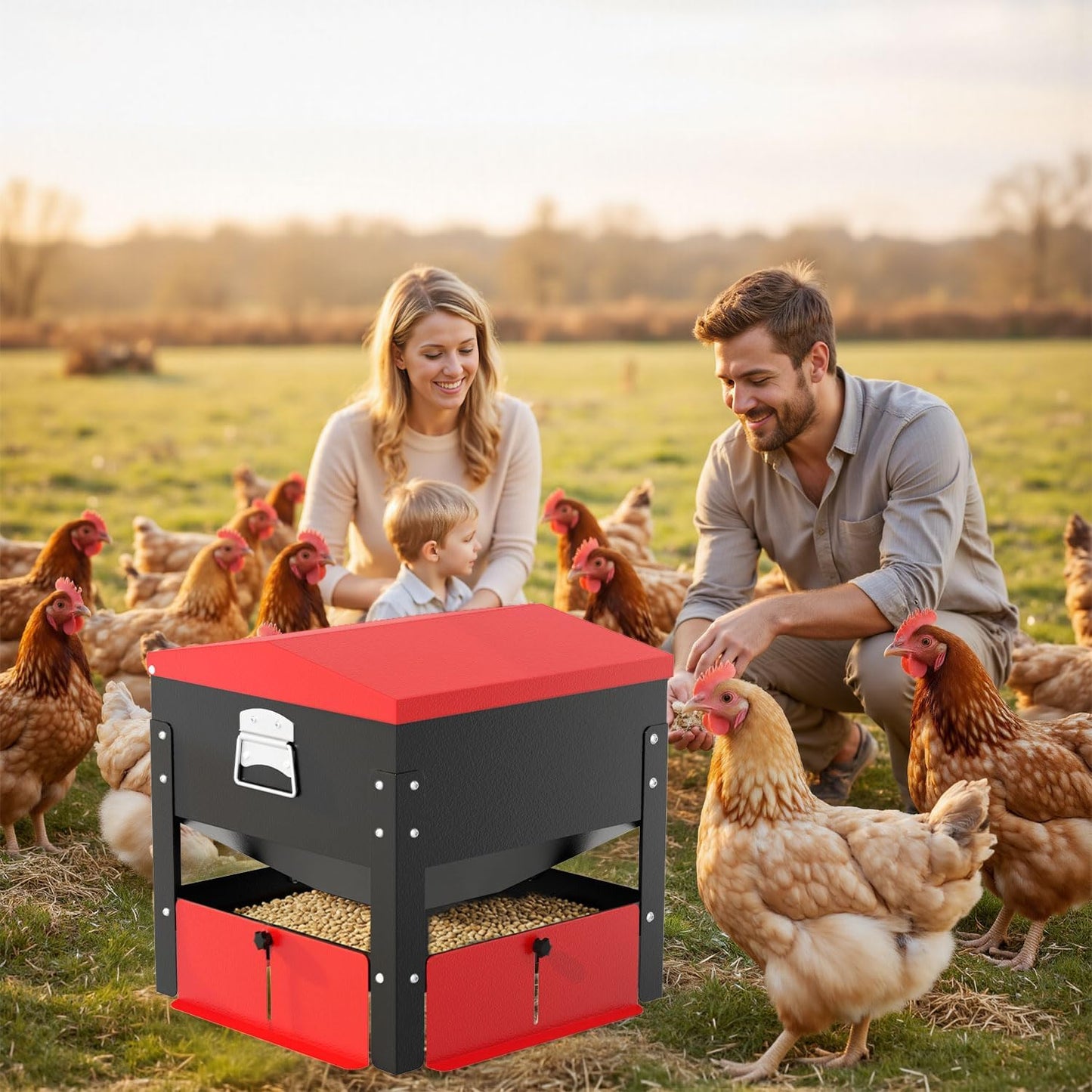 80Lb Automatic Metal Chicken Feeder,Heavy Duty Portable Gravity Chicken Feeder Box with Weatherproof Lid, No Waste Predator-Proof Poultry Feeder with Lockable Access Door for Ducks, Geese