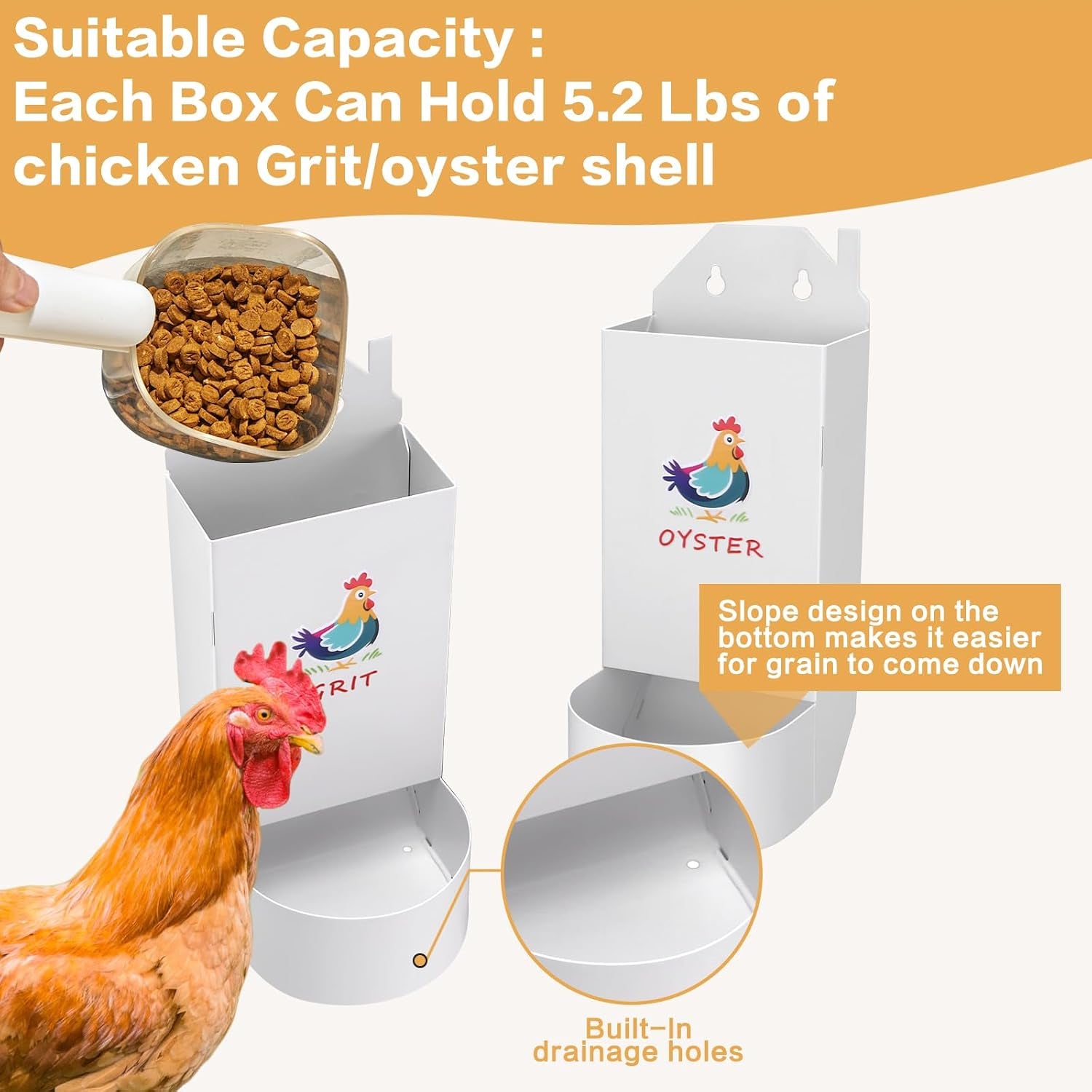 Chicken Grit and Oyster Shell Feeder,Metal Automatic Chicken Feeder,Chicken Coop Accessories Poultry Feeders, Suitable for Quail, Pigeons, Doves, Chicks, and Adult Chickens（2 Pcs White）