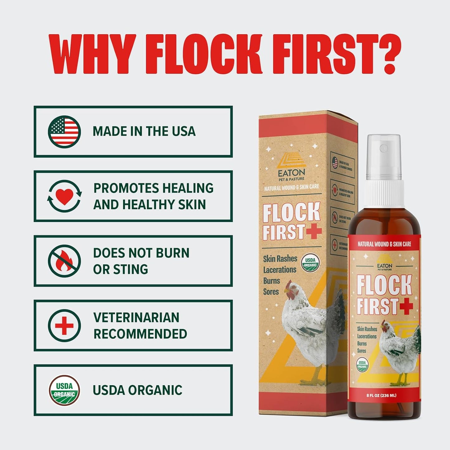 Flock First USDA Organic Chicken Wound Spray – Natural Poultry First Aid for Bumblefoot, Pecking Wounds, Cuts, Frostbite & Scaly Leg Mites, Vet Recommended, 8 Oz