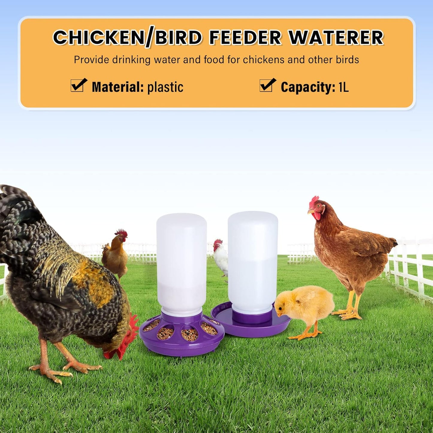 Chick Feeder and Waterer Set No Waste Chicken Water Dispenser 1L Chicken Water Feeder Poultry Waterer Baby Chick Duckling Supplies Starter Kit (Purple)