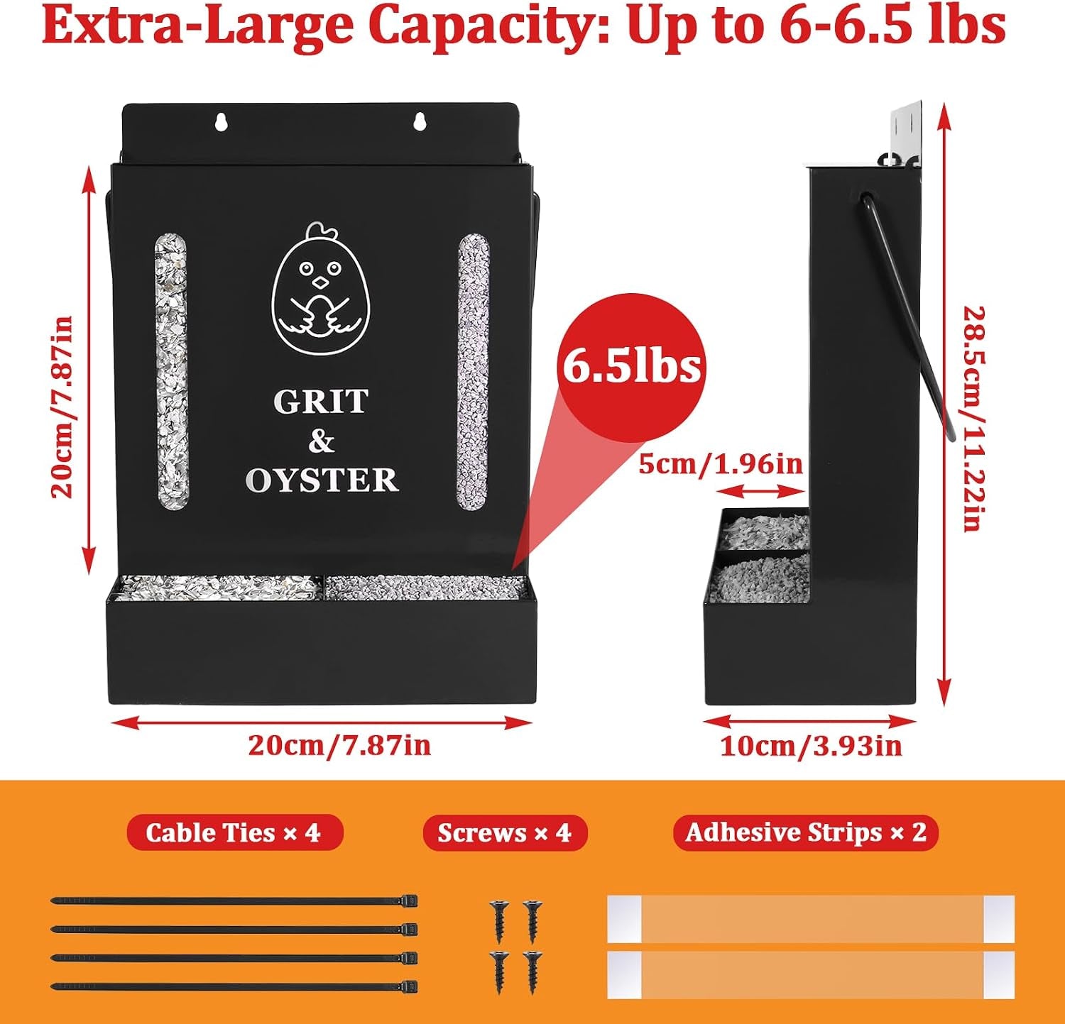 Oyster Shell and Grit Feeder Combo, Metal Chicken Feeder with Viewing Window/Lid, Hanging Gravity Chicken Grit Feeder, Coop Accessories for Healthier Hens and Eggs (Black)