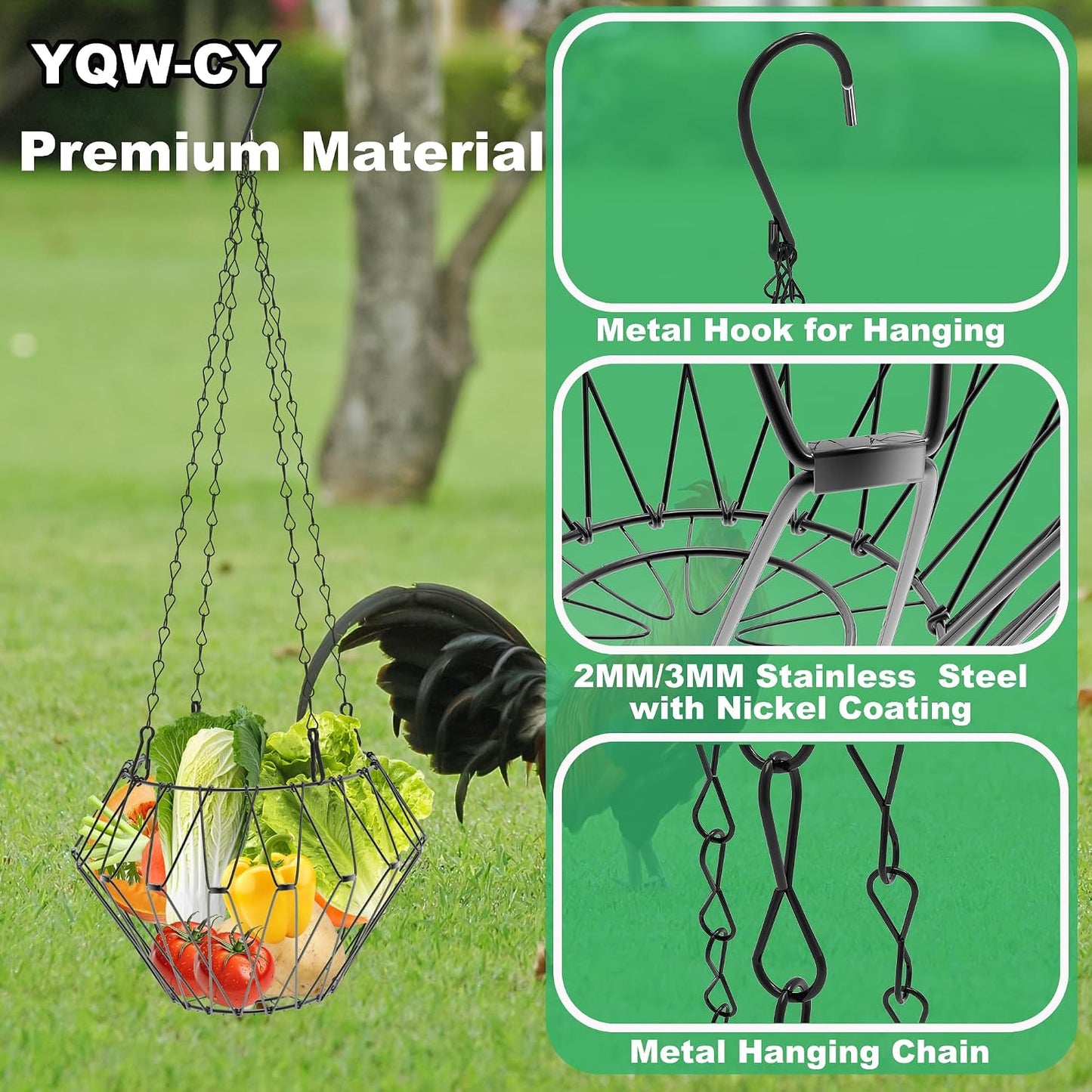 Hanging Chicken Feeder, Foldable Chicken Vegetable Fruits Feeder, Poultry Feeding Holder Basket with Hanging Chain, Veggie Treat Ball for Chicken Coop Accessories (1 Pack)