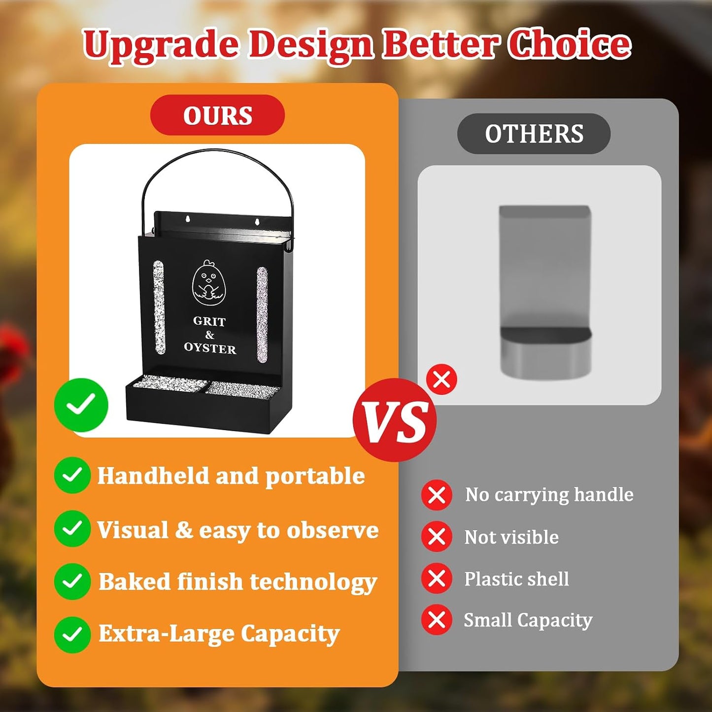 Oyster Shell and Grit Feeder Combo, Metal Chicken Feeder with Viewing Window/Lid, Hanging Gravity Chicken Grit Feeder, Coop Accessories for Healthier Hens and Eggs (Black)