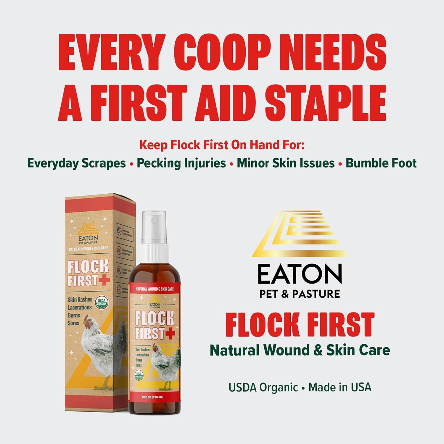 Flock First USDA Organic Chicken Wound Spray – Natural Poultry First Aid for Bumblefoot, Pecking Wounds, Cuts, Frostbite & Scaly Leg Mites, Vet Recommended, 8 Oz