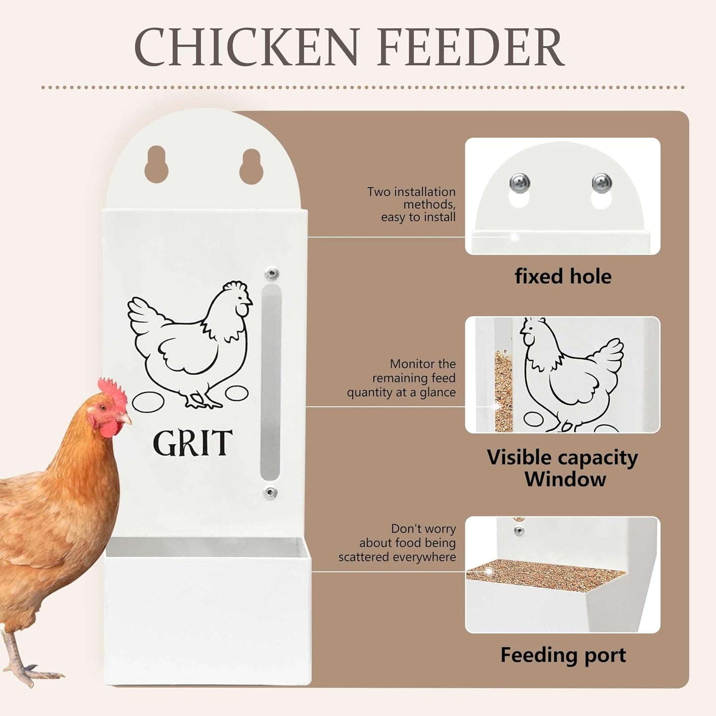 Chicken Grit and Oyster Shell Feeder, Poultry Feeder with Visual Window, No-Mess Weatherproof, Metal Hanging Gravity Chicken Feeder, Chicken Coop Accessories (Oyster-White)