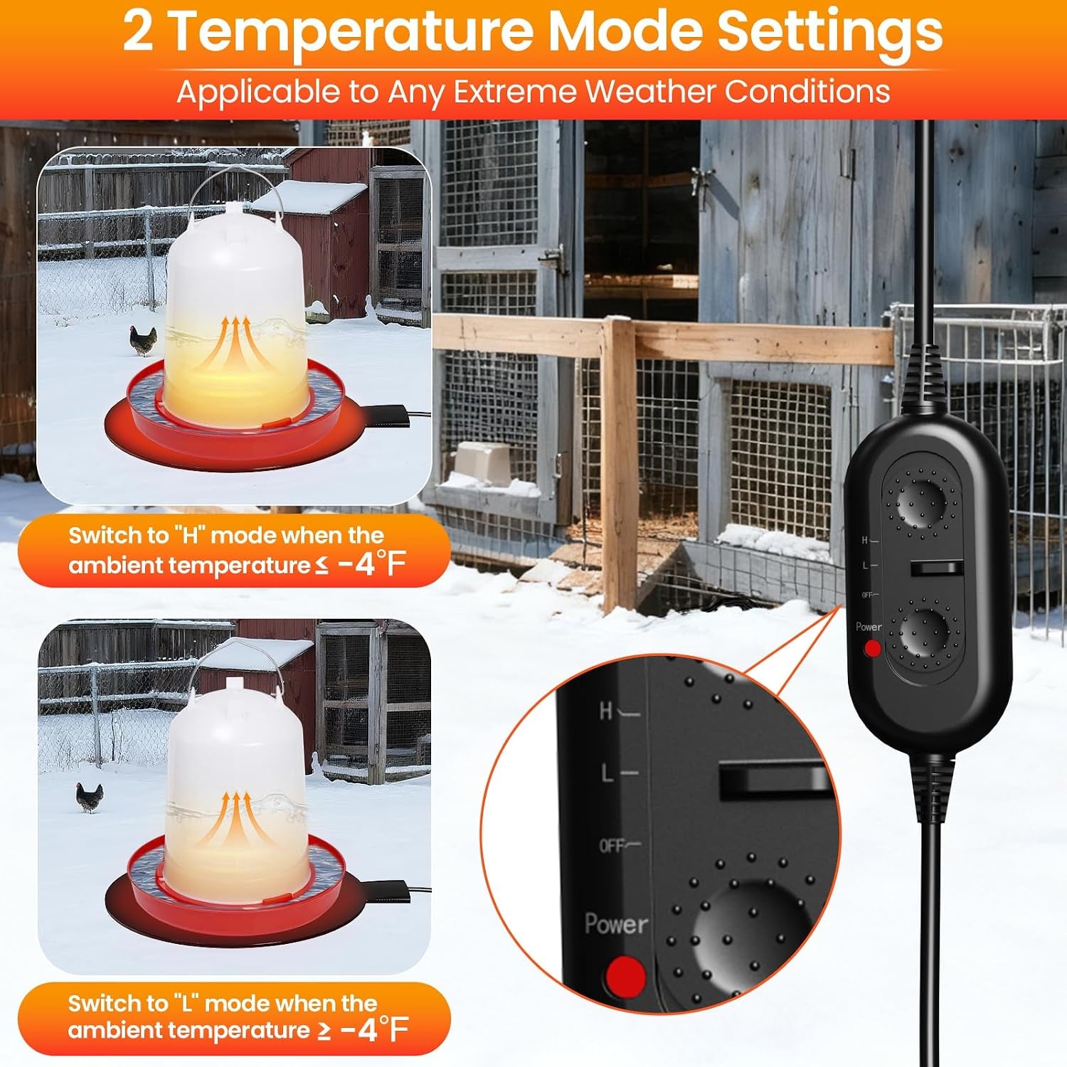 Chicken Water Heater for Winter, 6'' Heated Waterer Base for Metal/Plastic Poultry Waterer, 2-Temperature Settings, Built-In Thermostat (140°F - 194°F), Silicone Coop Heater with 6Ft Power Cord (2Pcs)
