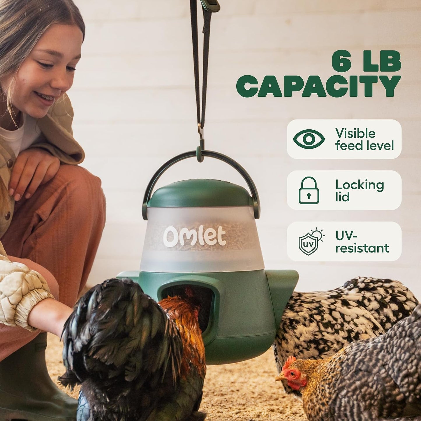 No Waste Chicken Feeder for Coop | Anti-Spill Poultry Feeder with 3 Feeding Ports | Hanging or Free Standing | Weatherproof | 6Lb