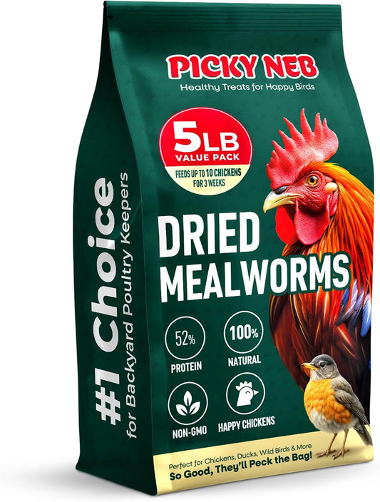 Dried Mealworms Non-Gmo 5 Lb High-Protein for Chickens & Birds | Perfect High-Protein Treat for Ducks, Wild Birds & Bluebirds, Whole Large Dried Mealworms Bulk, No Additives or Preservatives