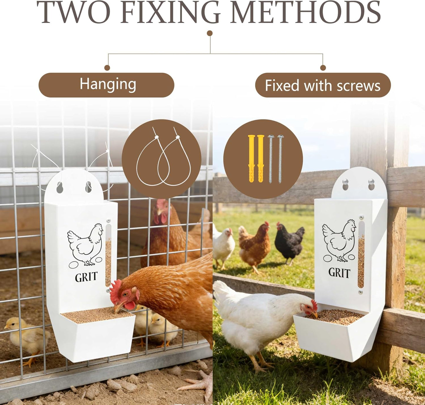 Chicken Grit and Oyster Shell Feeder, Poultry Feeder with Visual Window, No-Mess Weatherproof, Metal Hanging Gravity Chicken Feeder, Chicken Coop Accessories (Oyster-White)