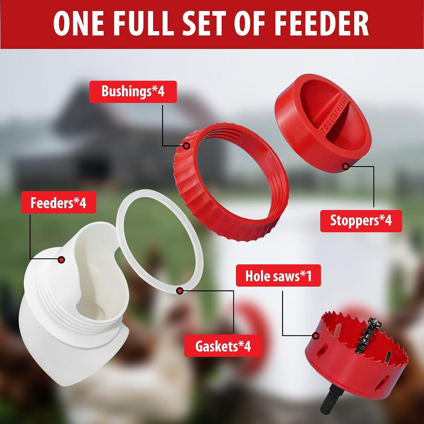4PACK No Waste Chicken Feeder Ports, Chicken Feeder Cups for Bucket | DIY Chicken Feeder Kit with Hole Saw,Barrels,Bins,Troughs