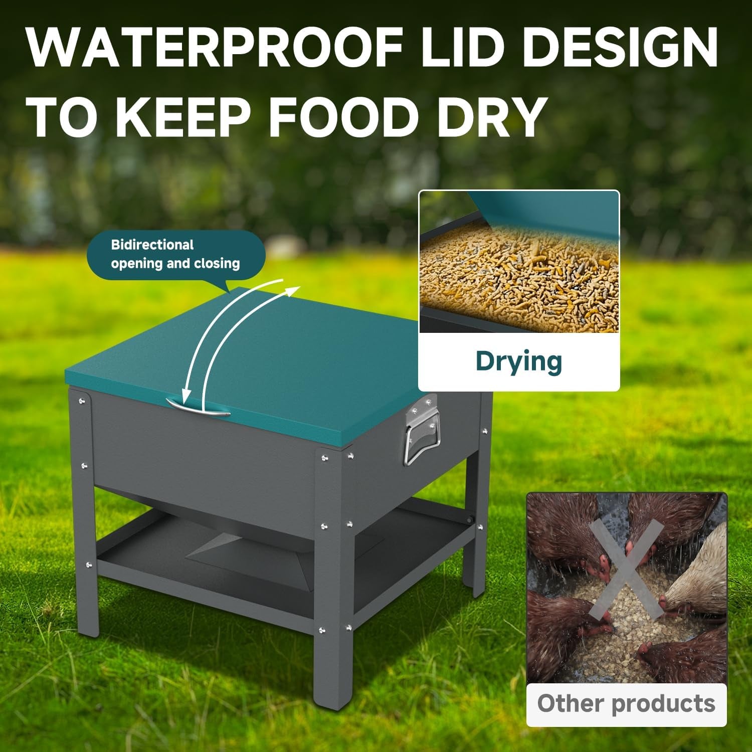 Automatic Metal Chicken Feeder,80Lb Large Capacity Portable Gravity Chicken Feeder Box with Weatherproof Lid, No Waste Poultry Feeder for Geese, Ducks(Green Lid)
