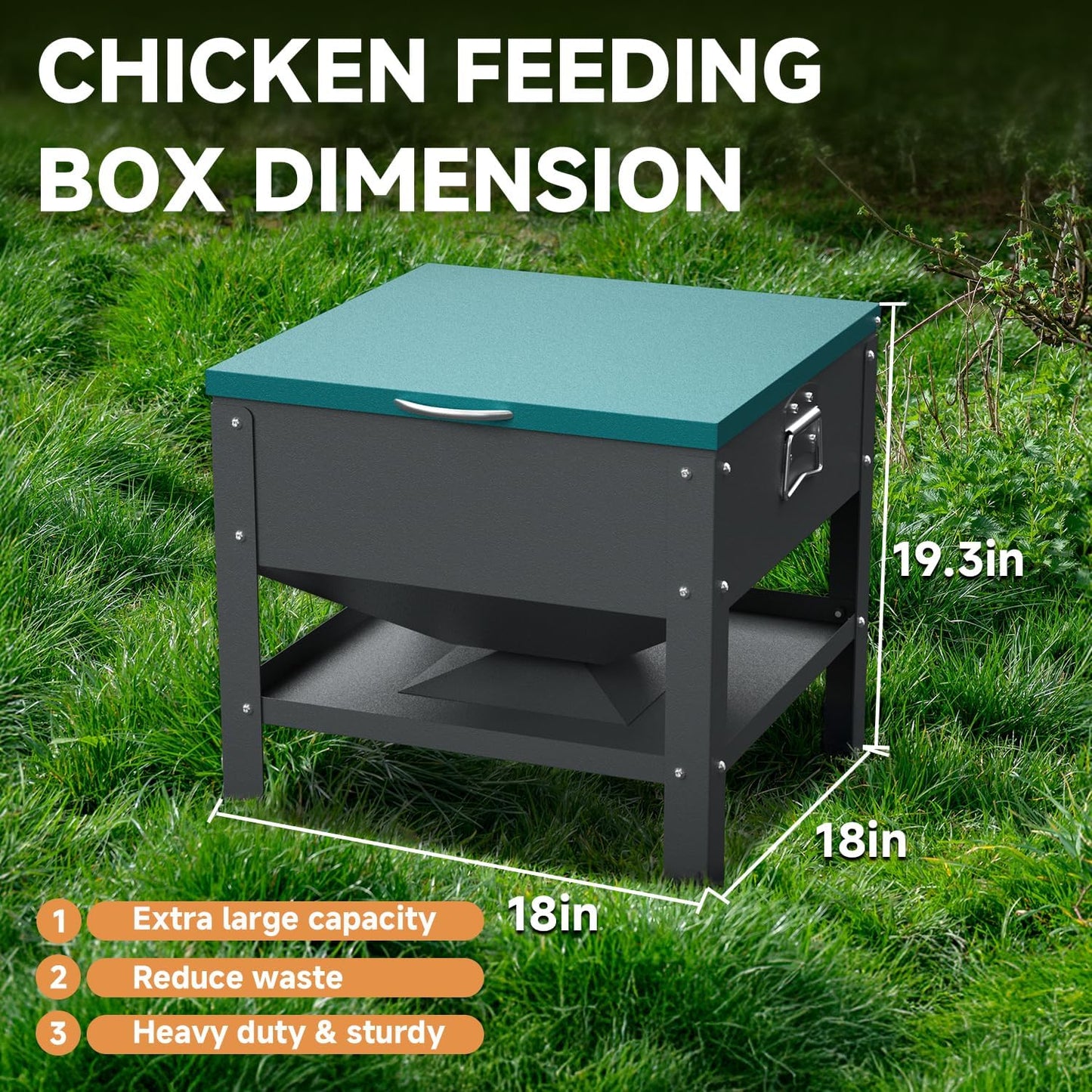 Automatic Metal Chicken Feeder,80Lb Large Capacity Portable Gravity Chicken Feeder Box with Weatherproof Lid, No Waste Poultry Feeder for Geese, Ducks(Green Lid)