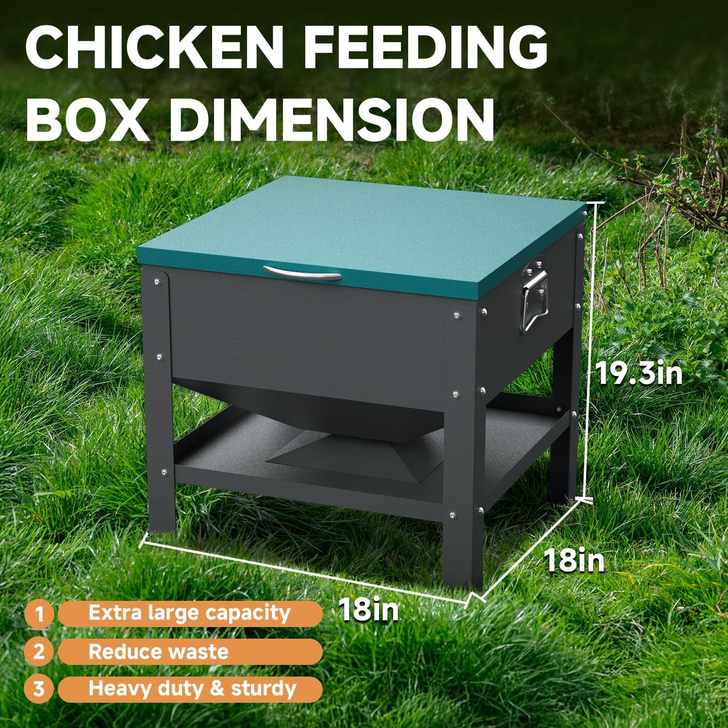 Automatic Metal Chicken Feeder,80Lb Large Capacity Portable Gravity Chicken Feeder Box with Weatherproof Lid, No Waste Poultry Feeder for Geese, Ducks(Green Lid)