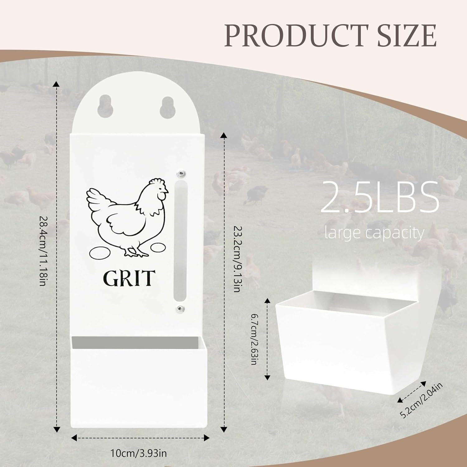 Chicken Grit and Oyster Shell Feeder, Poultry Feeder with Visual Window, No-Mess Weatherproof, Metal Hanging Gravity Chicken Feeder, Chicken Coop Accessories (Oyster-White)