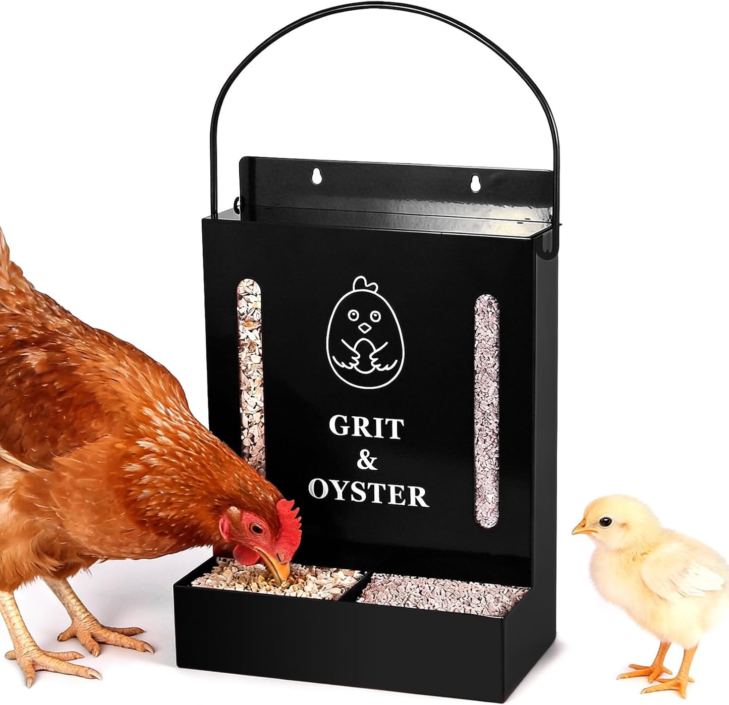 Oyster Shell and Grit Feeder Combo, Metal Chicken Feeder with Viewing Window/Lid, Hanging Gravity Chicken Grit Feeder, Coop Accessories for Healthier Hens and Eggs (Black)