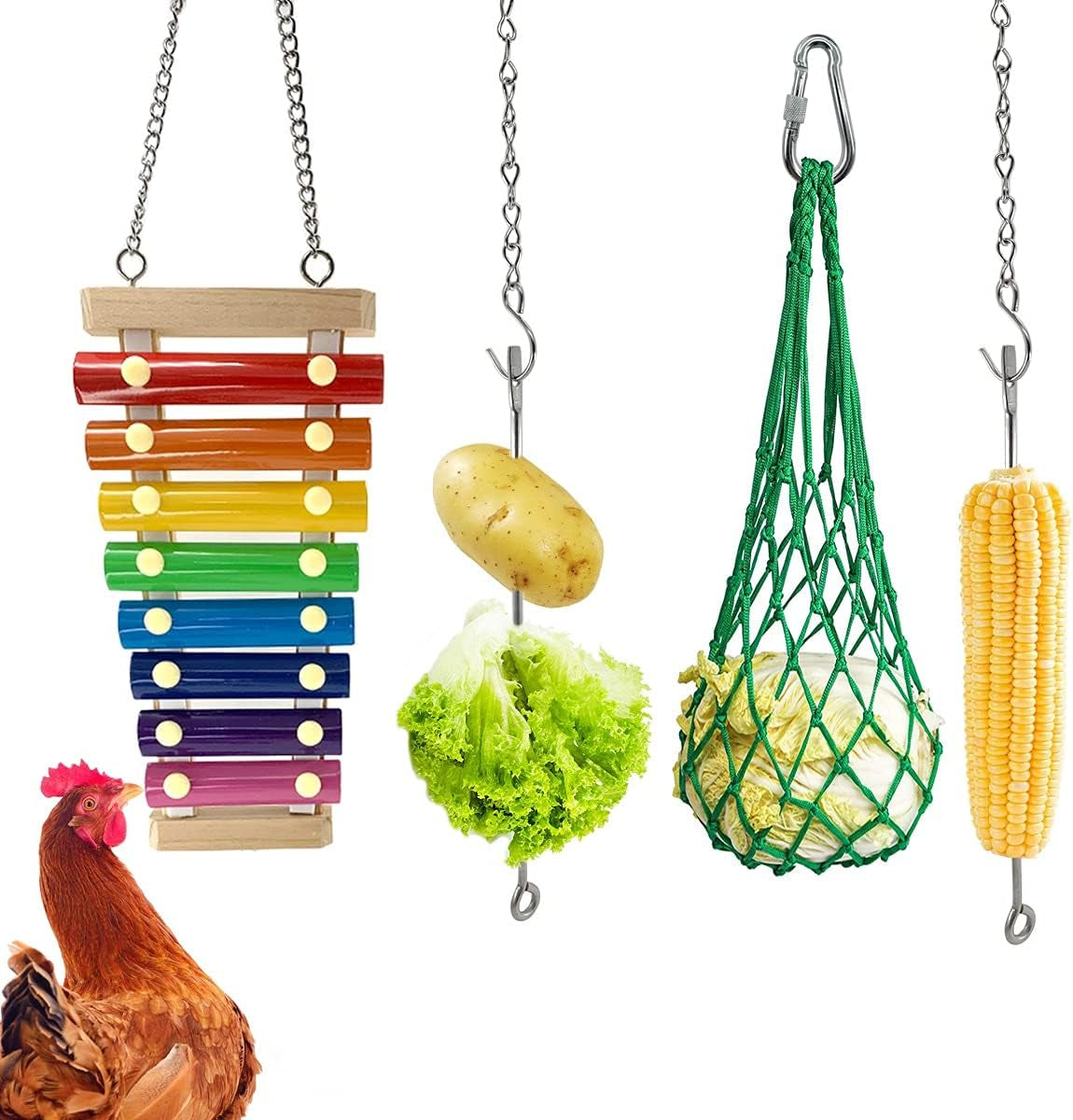 4PCS Chicken Coop Toys-Chicken Xylophone Toy Chicken Veggies Fruit Skewers Lettuce String Bag Hanger Chicken Treats Holder for Hens Roosters Chicks