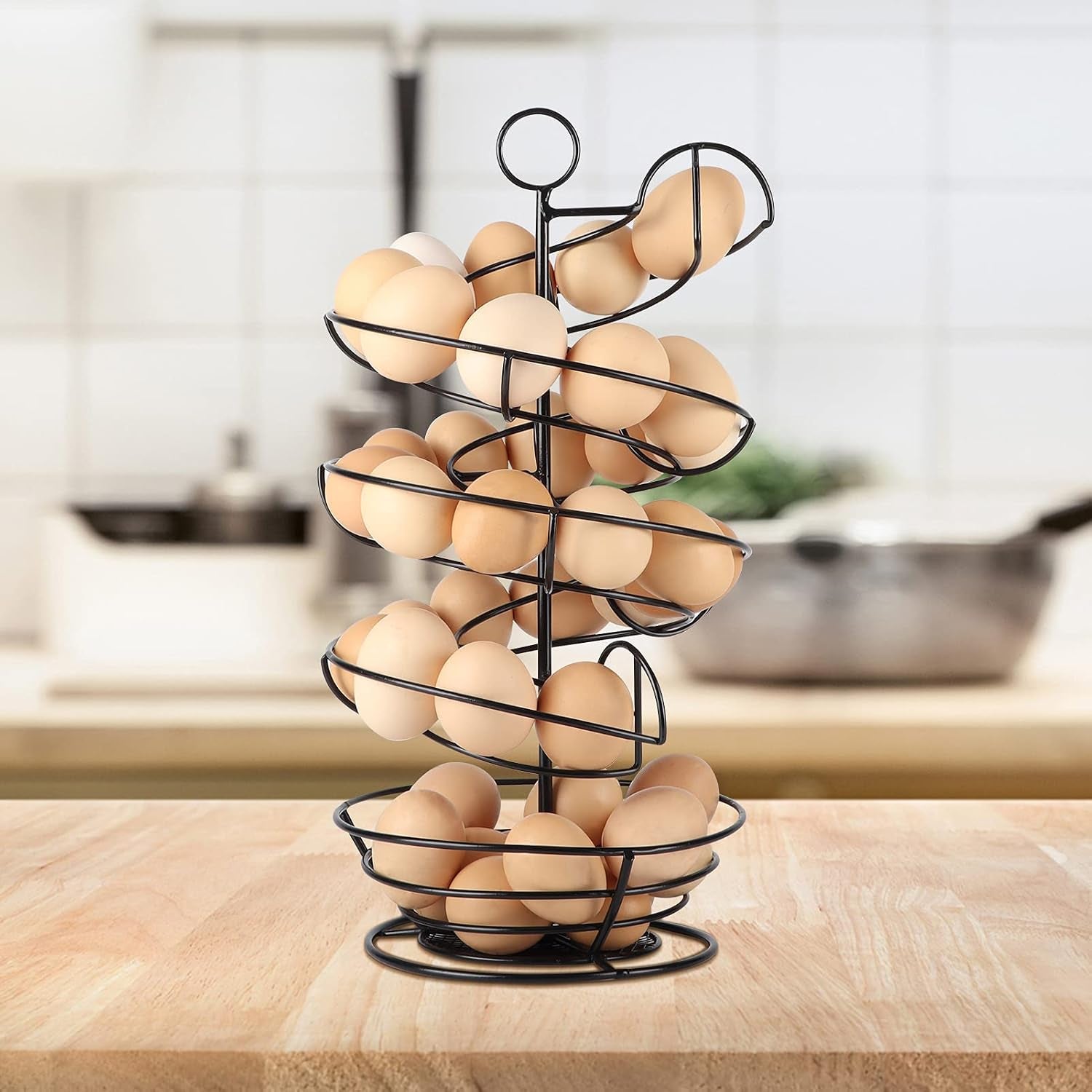Black Metal Egg Skelter with Storage Basket, Spiral Design Egg Holder for Large Egg for Countertop, Kitchen