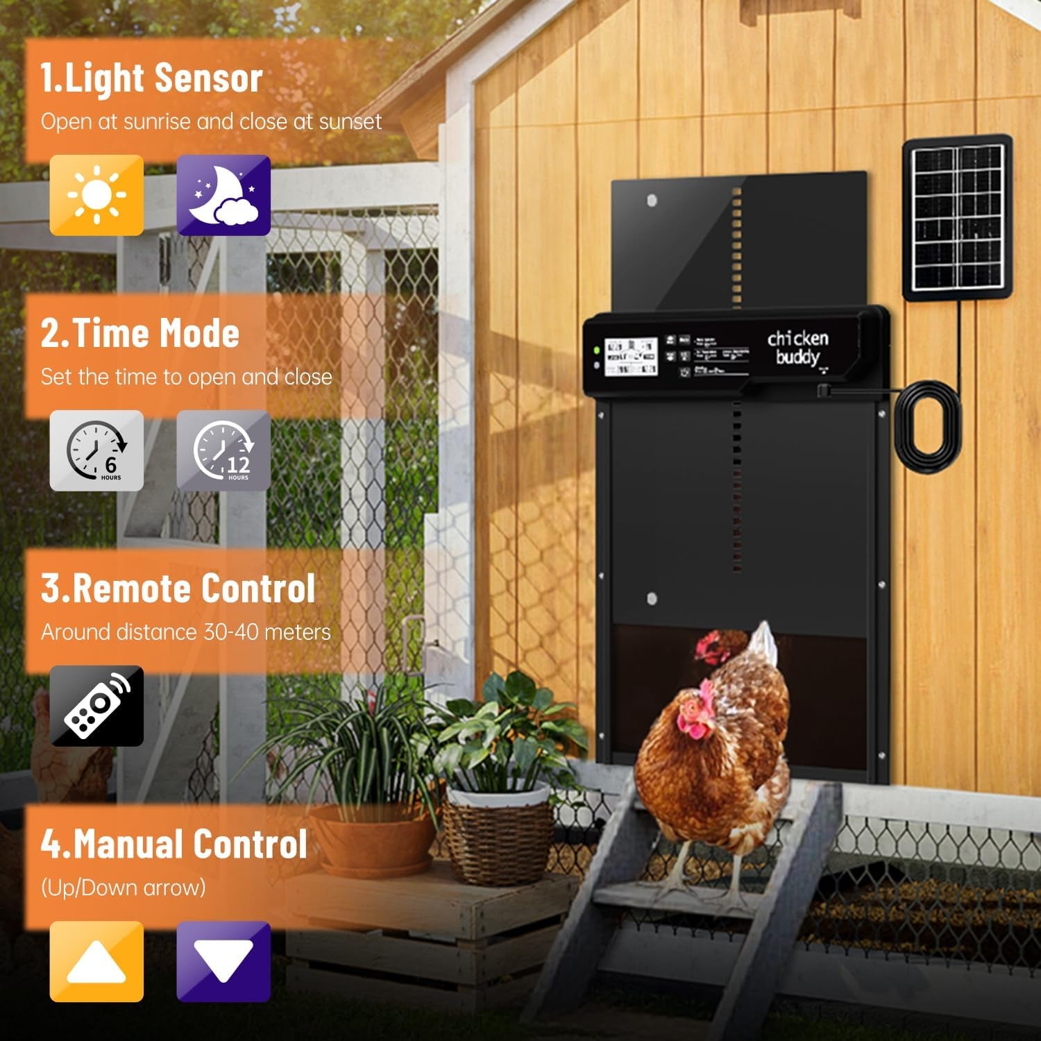 Automatic Chicken Coop Door Solar Powered Extra Large 10″ X 14.3 ″LCD Display Automatic Chicken Door with 4 Modes Timer & Light Sensor, Aluminum Alloy Chicken Door