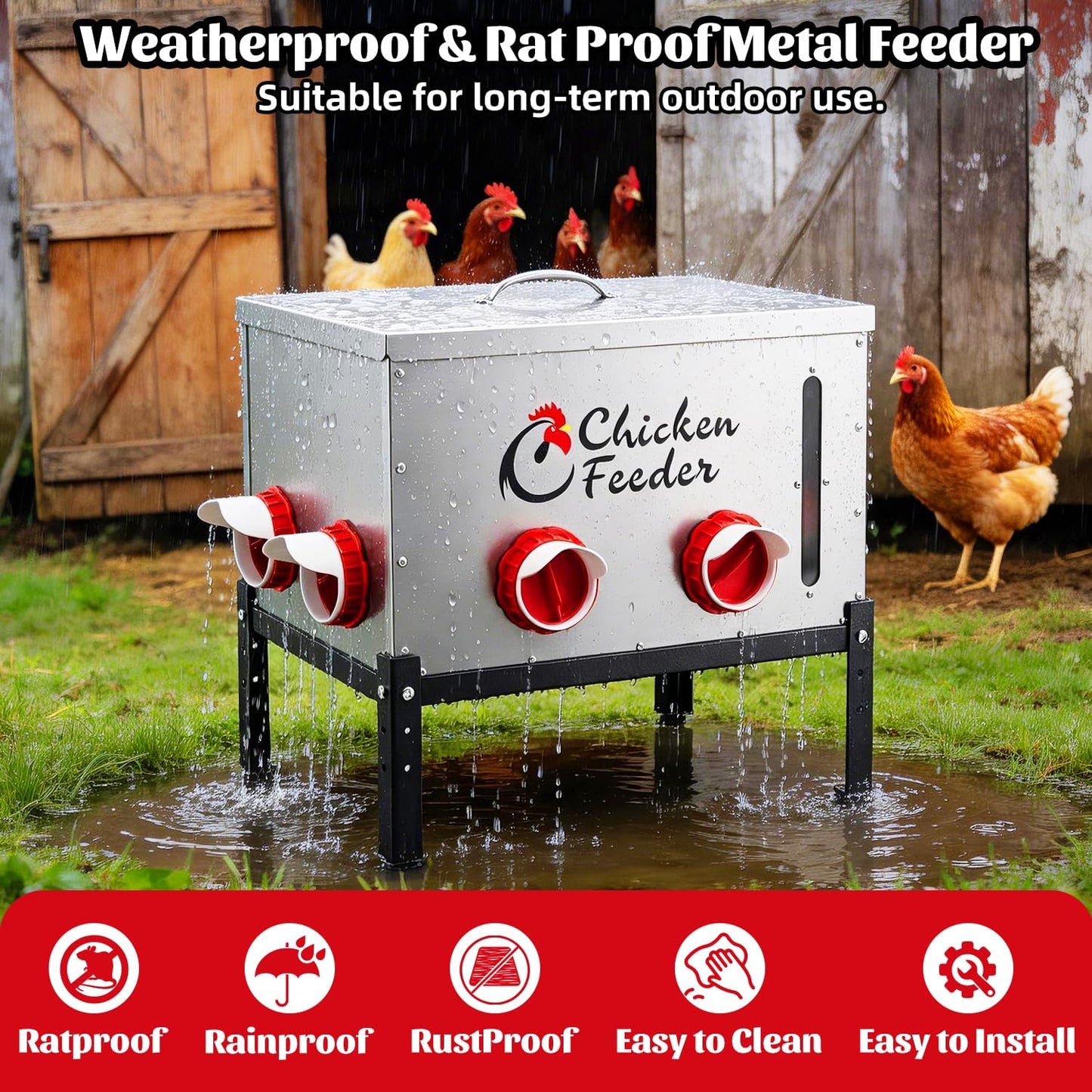 80LB Metal Chicken Feeder, Rat Proof Automatic Chicken Feeder with Visible Window & 8 Ports, Galvanized No Waste Poultry Feeder for Chickens, Ducks, Geese
