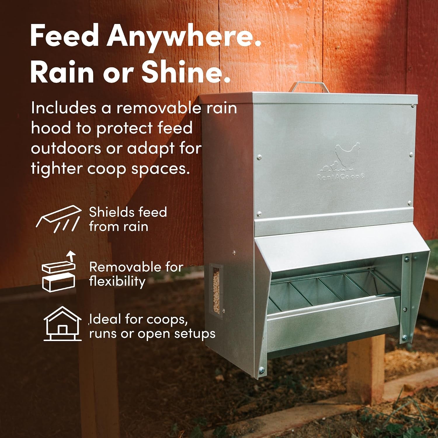 25Lb Gravity-Fed Metal Trough Feeder with Lid & Rain Cover