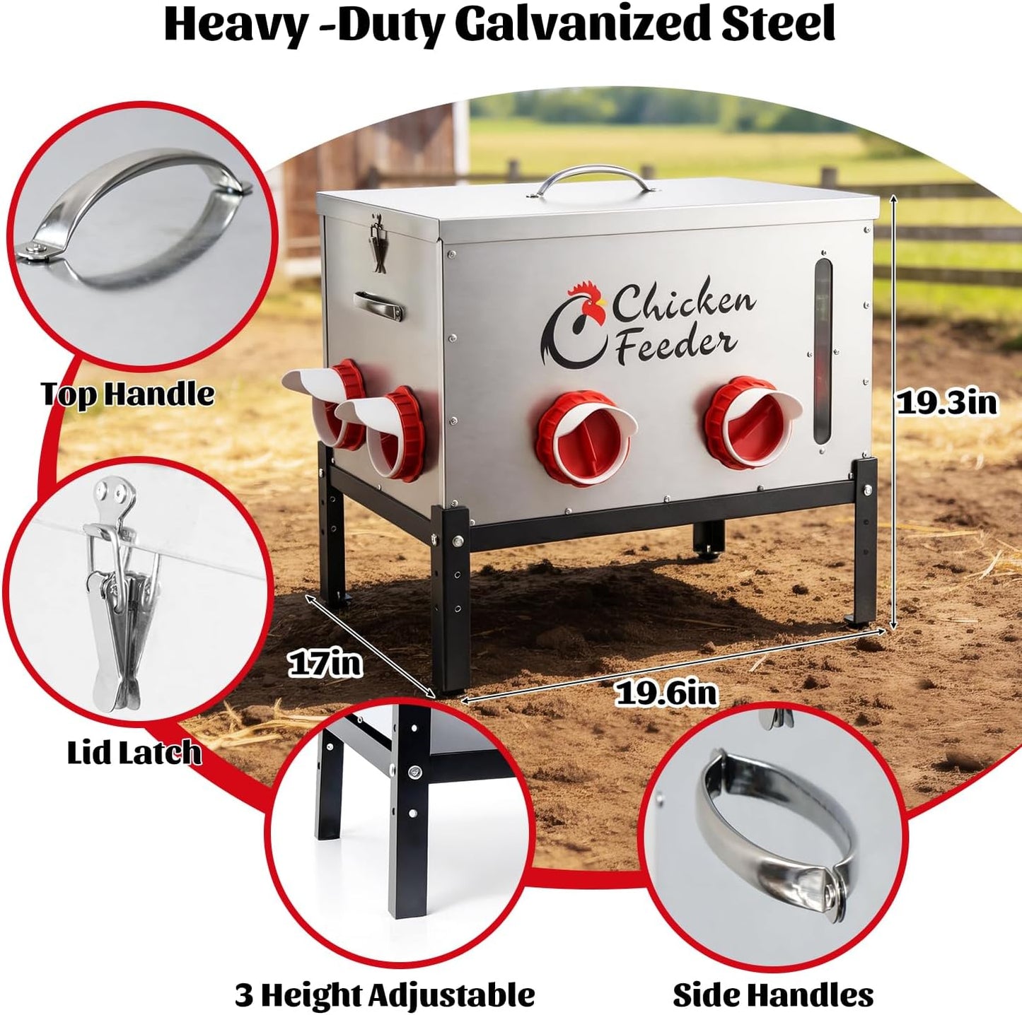 80LB Metal Chicken Feeder, Rat Proof Automatic Chicken Feeder with Visible Window & 8 Ports, Galvanized No Waste Poultry Feeder for Chickens, Ducks, Geese
