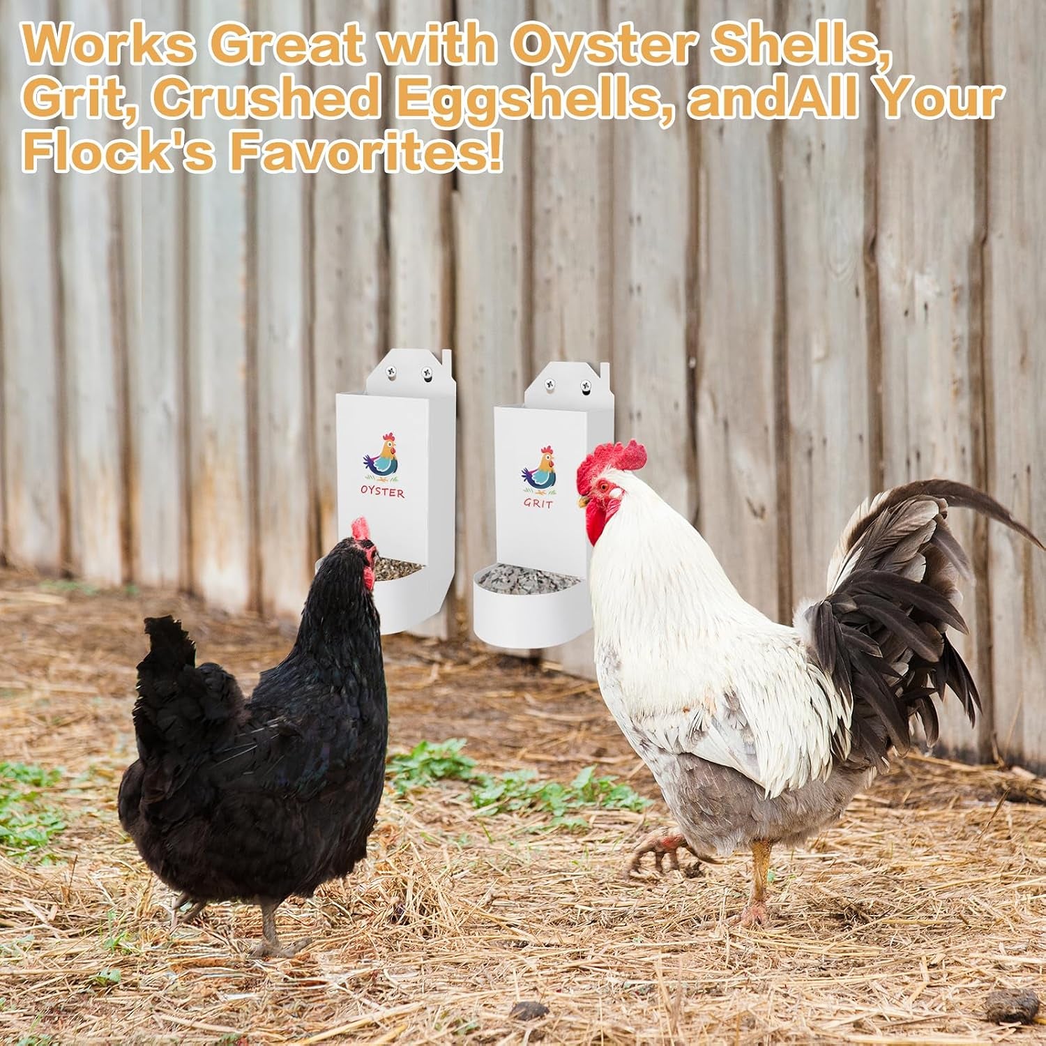 Chicken Grit and Oyster Shell Feeder,Metal Automatic Chicken Feeder,Chicken Coop Accessories Poultry Feeders, Suitable for Quail, Pigeons, Doves, Chicks, and Adult Chickens（2 Pcs White）
