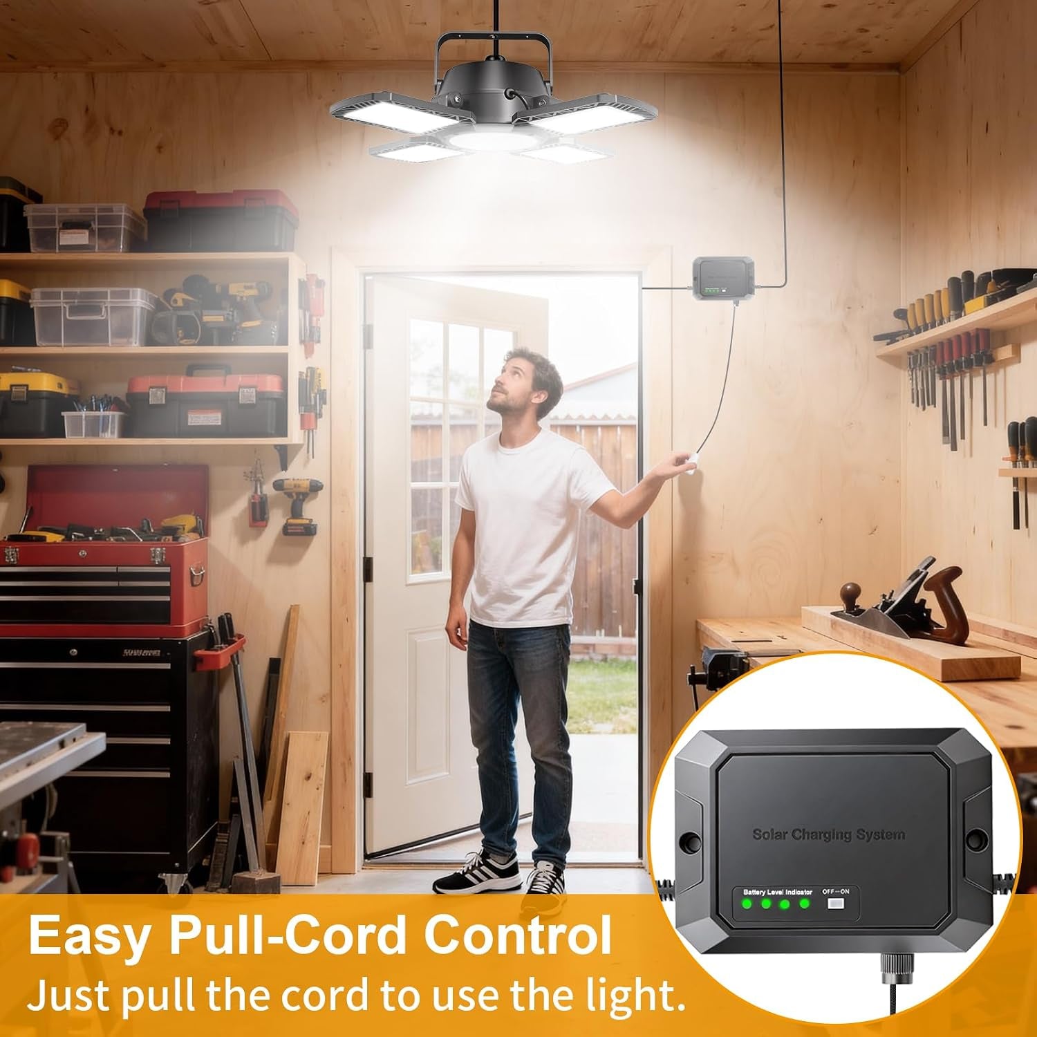 Solar Shed Lights Indoor Outdoor with Pull String, 2000LM Available All Day Solar Pendant Light, High/Low Brightness Switch Solar Lights Indoor, IP65 Waterproof for Gazebo, Shop, Garage