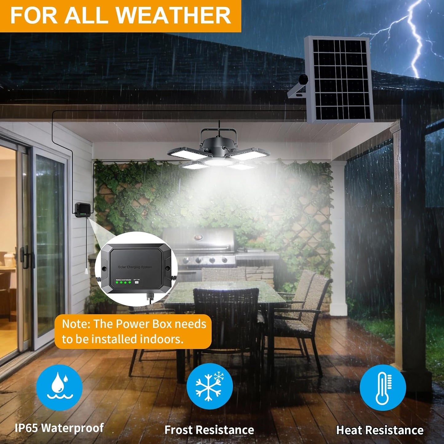 Solar Shed Lights Indoor Outdoor with Pull String, 2000LM Available All Day Solar Pendant Light, High/Low Brightness Switch Solar Lights Indoor, IP65 Waterproof for Gazebo, Shop, Garage
