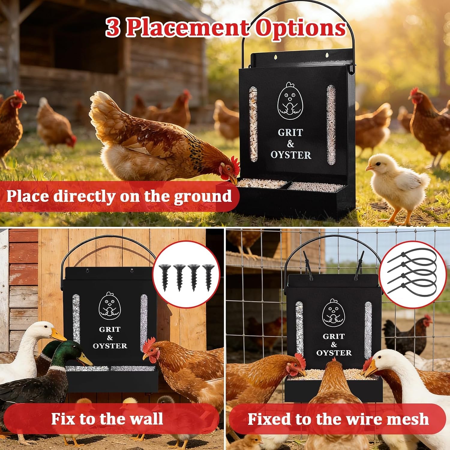 Oyster Shell and Grit Feeder Combo, Metal Chicken Feeder with Viewing Window/Lid, Hanging Gravity Chicken Grit Feeder, Coop Accessories for Healthier Hens and Eggs (Black)