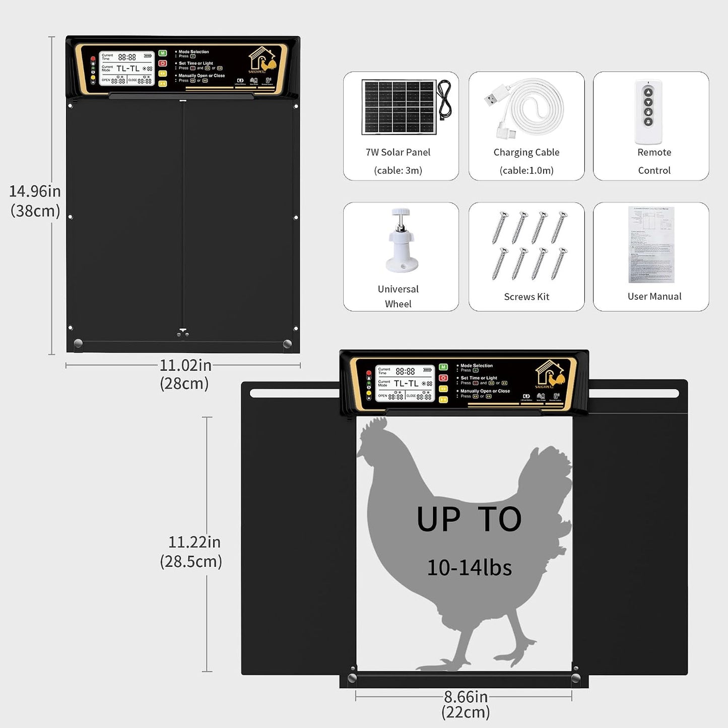 Large Automatic Chicken Coop Door Solar Powered | Charge with 7W Solar Panel Auto Chicken Door, Aluminum Electric Poultry Door with Time & Light Sensor, Remote Control