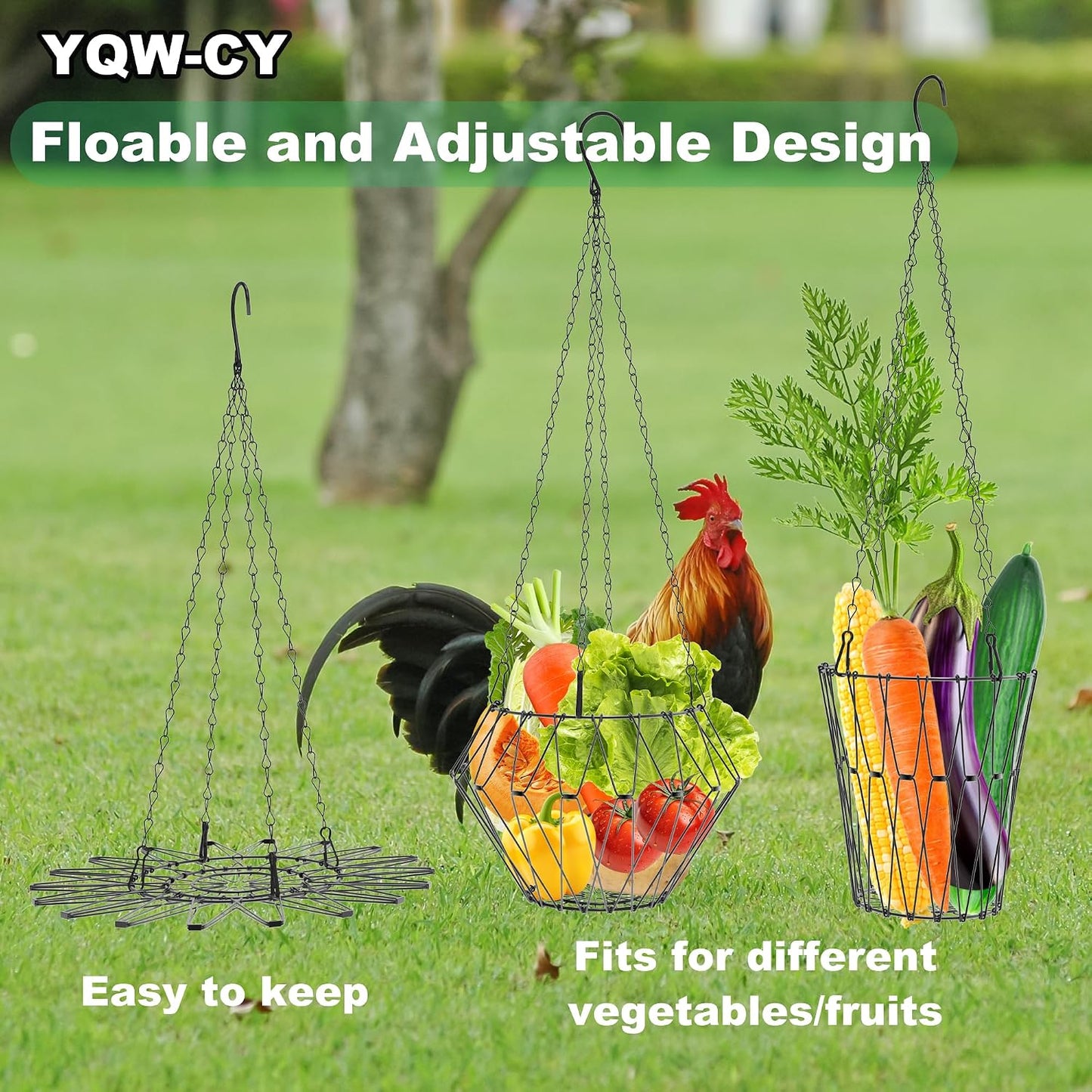 Hanging Chicken Feeder, Foldable Chicken Vegetable Fruits Feeder, Poultry Feeding Holder Basket with Hanging Chain, Veggie Treat Ball for Chicken Coop Accessories (1 Pack)