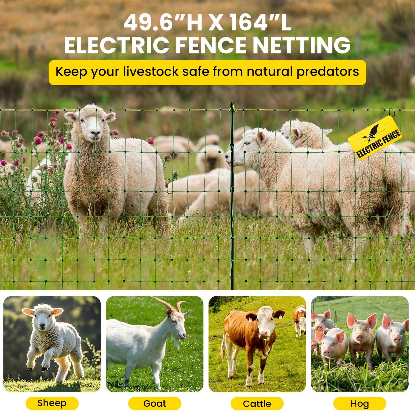 Electric Fence Netting, 49.6" H X 164'L Electric Anti-Predator Poultry Fence, PE Net Fencing Kit with 14 Posts Double Spiked, Movable Livestock Nets for Sheep, Hogs, Cattle and Other Big Poultry