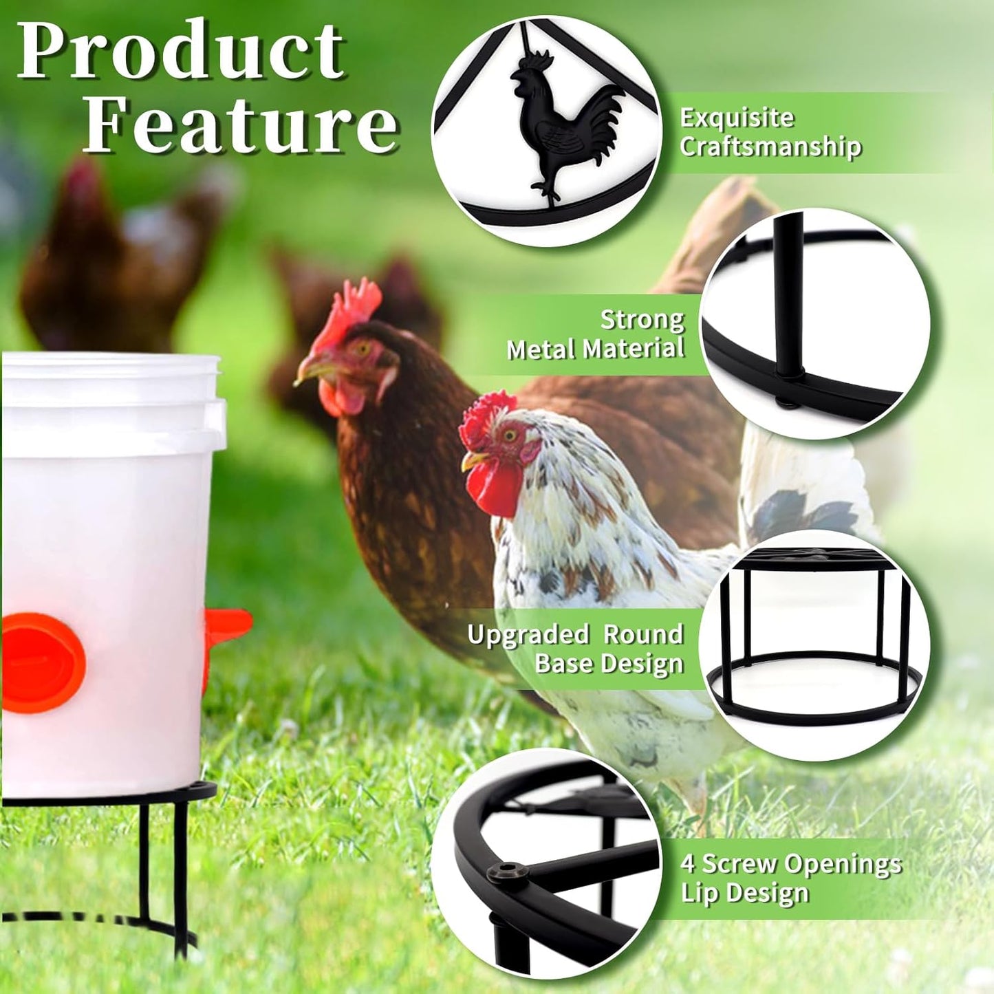 2Pcs Metal Stand for Chicken Feeder Waterer Heavy Duty Chicken Water Feeder Stand Holder with 4 Legs Rustproof Iron Chicken Waterer Buckets Stand round Support Rack for Coop Poultry Indoor Outdoor