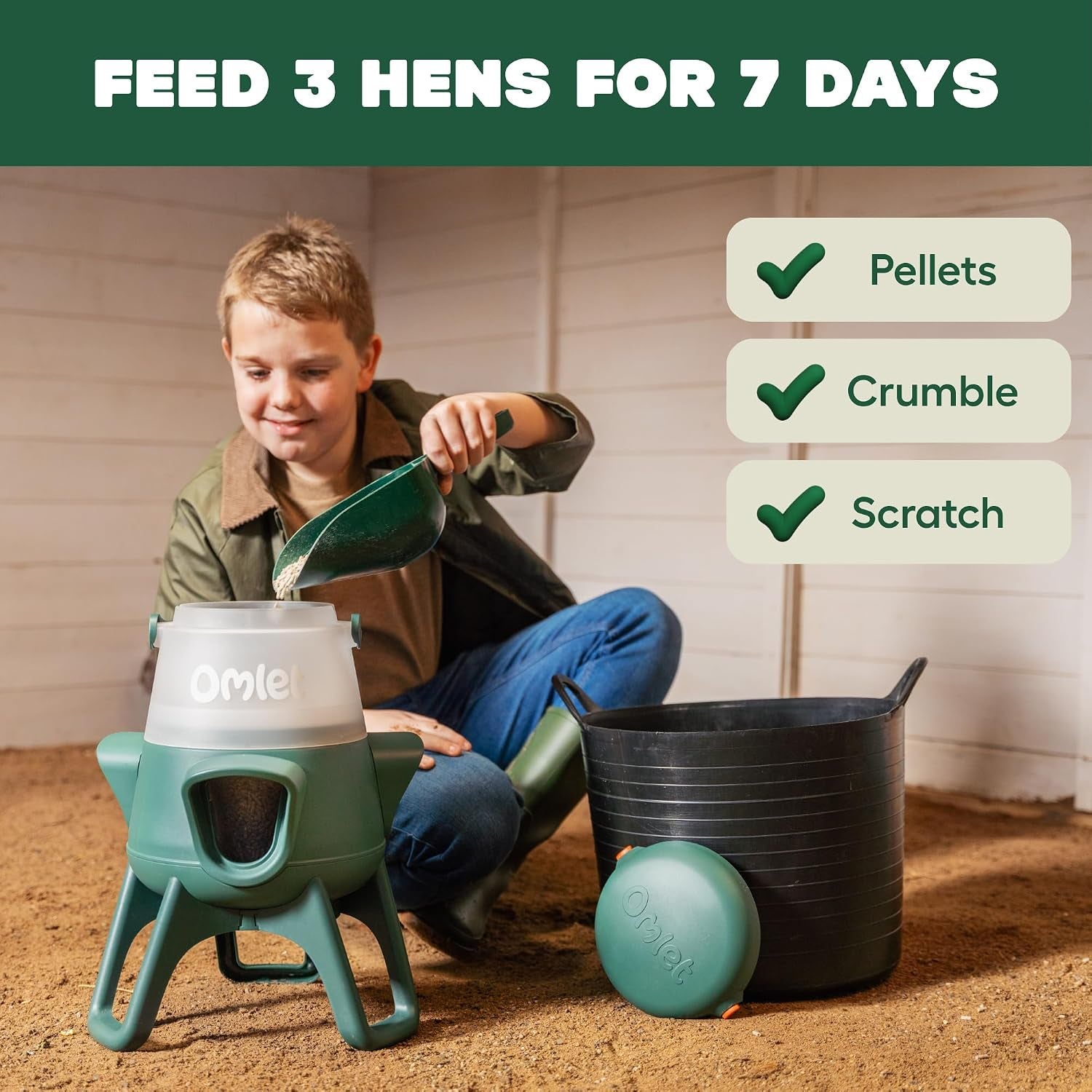 No Waste Chicken Feeder for Coop | Anti-Spill Poultry Feeder with 3 Feeding Ports | Hanging or Free Standing | Weatherproof | 6Lb